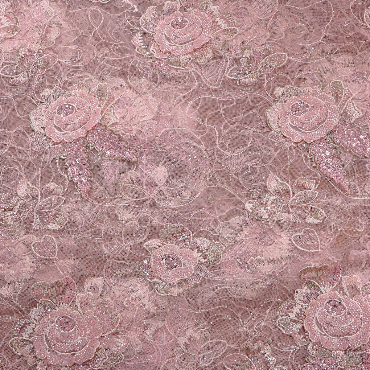 Petal Pink Floral Lace Sequin Net Fabric