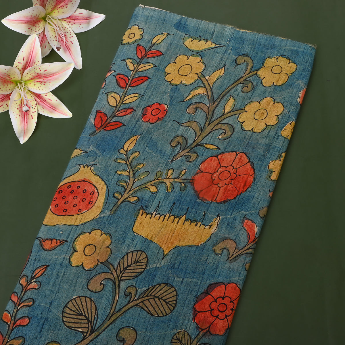 Cerulean Blue Pomegranate Floral Kalamkari Handloom Silk Fabric