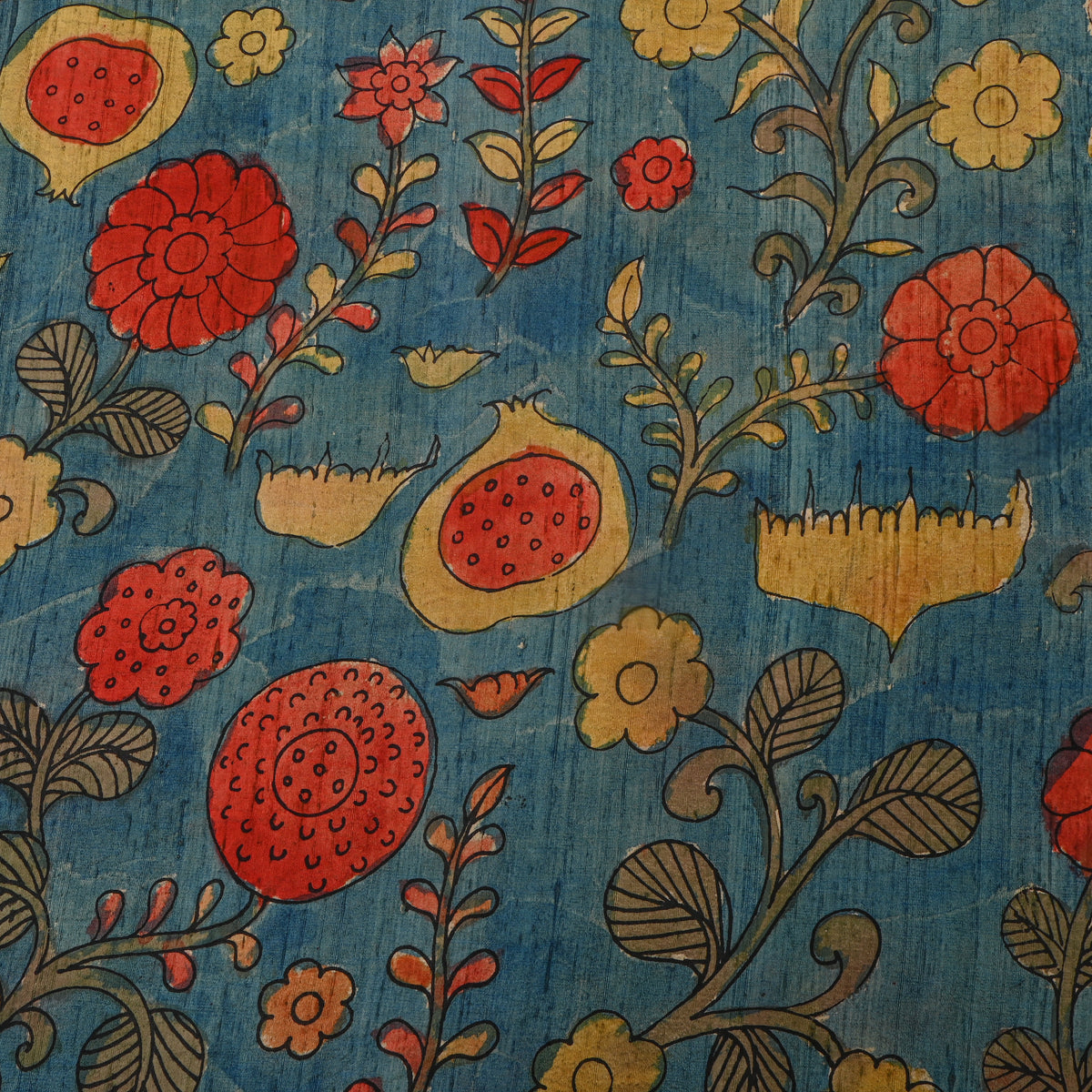 Cerulean Blue Pomegranate Floral Kalamkari Handloom Silk Fabric