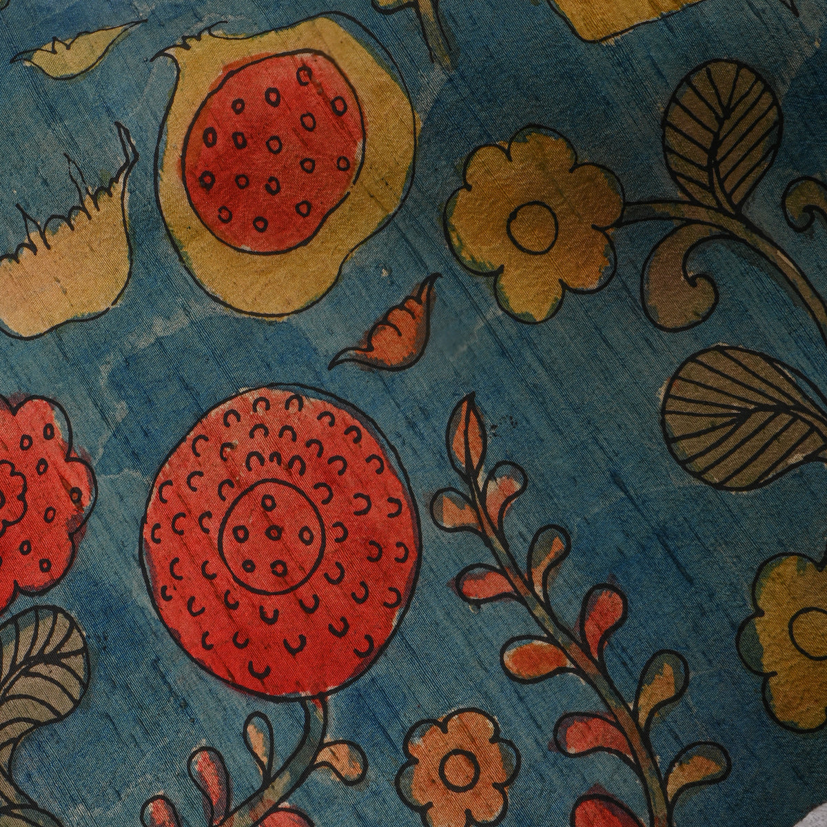 Cerulean Blue Pomegranate Floral Kalamkari Handloom Silk Fabric
