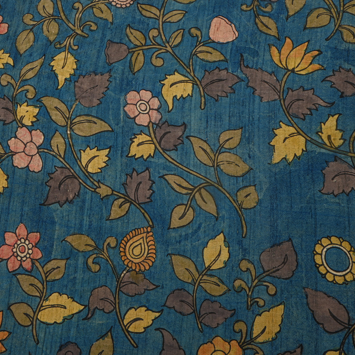 Peacock Blue Leafy Vine Kalamkari Handloom Silk Fabric