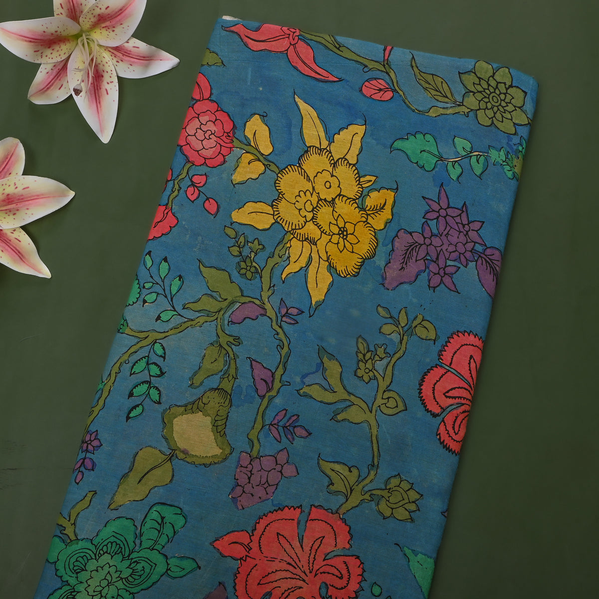 Peacock Blue Kalamkari Floral Hand-Painted Cotton Fabric