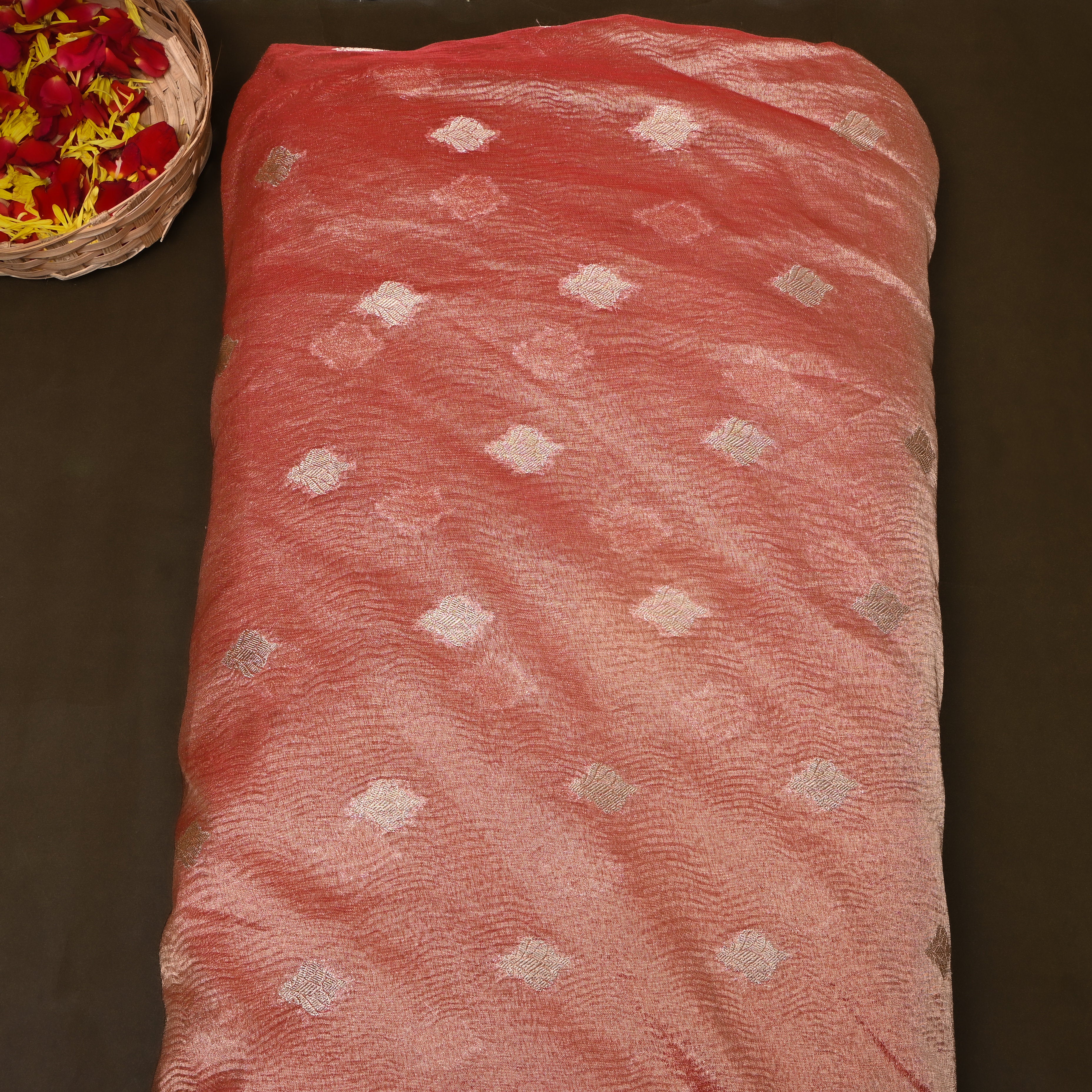 Rust Red Tissue Jamawar Fabric
