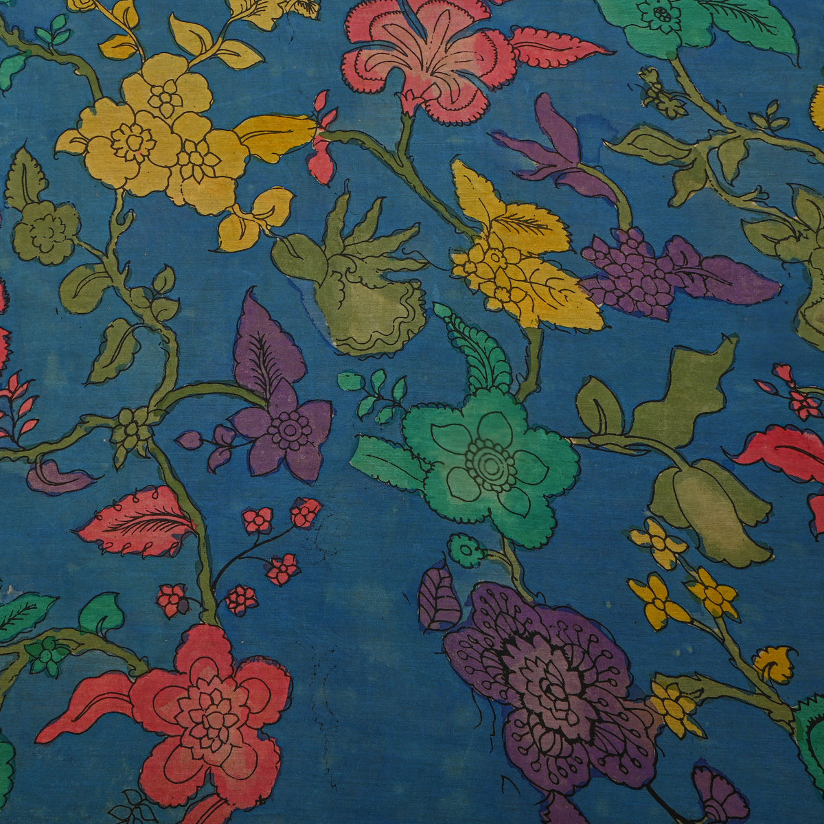 Peacock Blue Kalamkari Floral Hand-Painted Cotton Fabric