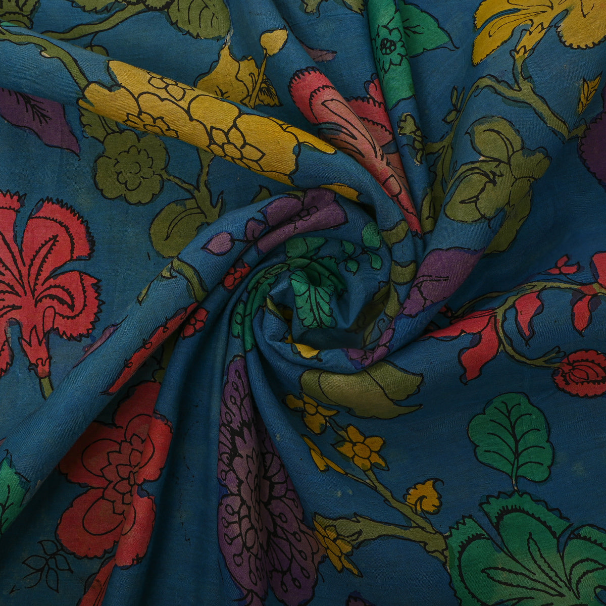 Peacock Blue Kalamkari Floral Hand-Painted Cotton Fabric