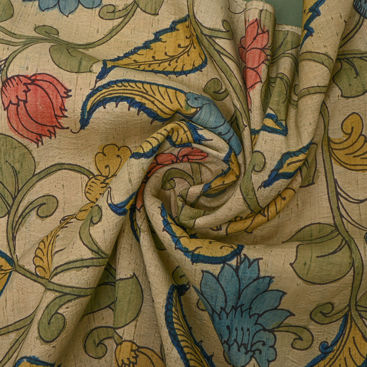 Straw Cream Paisley Vine Kalamkari Handloom Silk Fabric