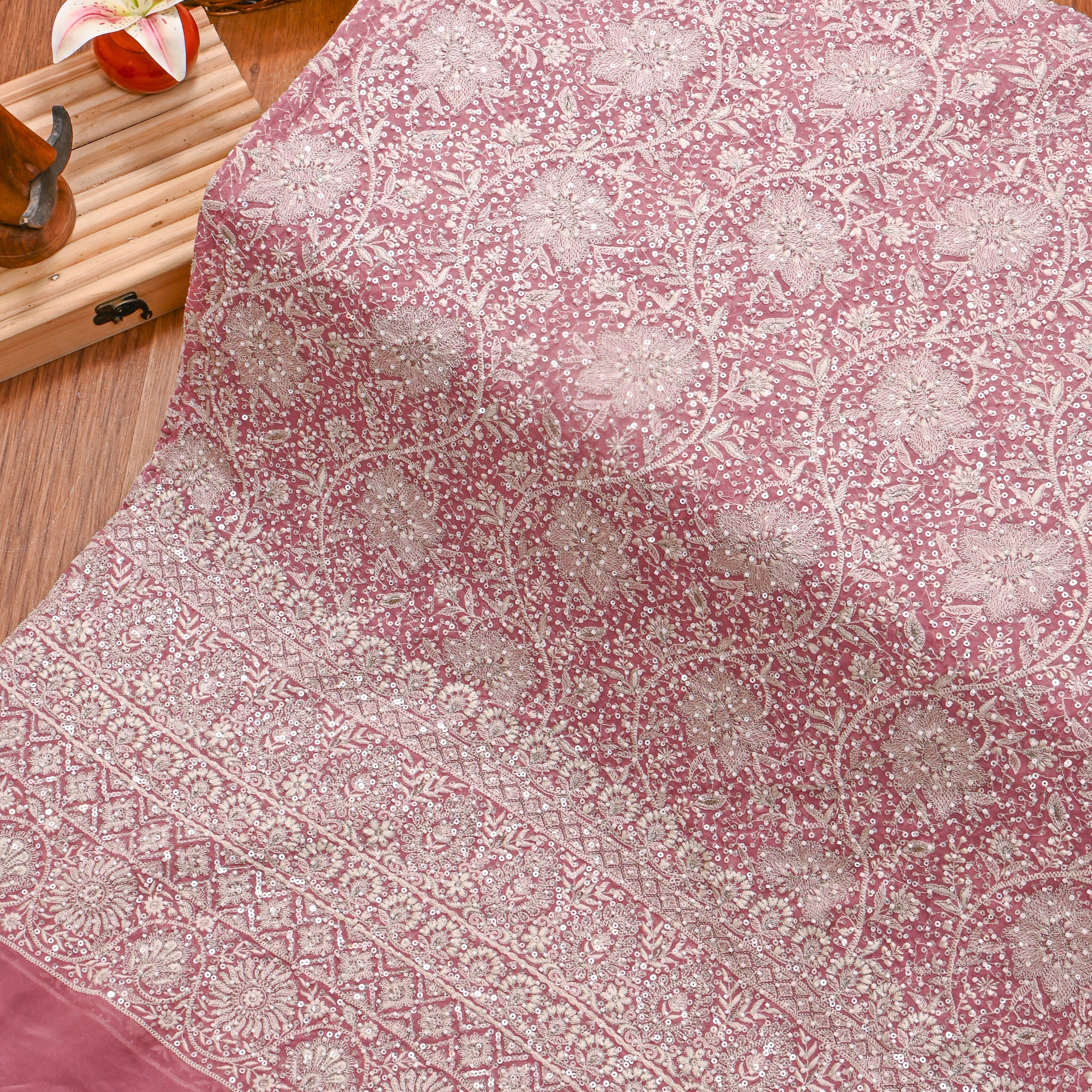 Rose Pink Sequin Embroidery Georgette Fabric