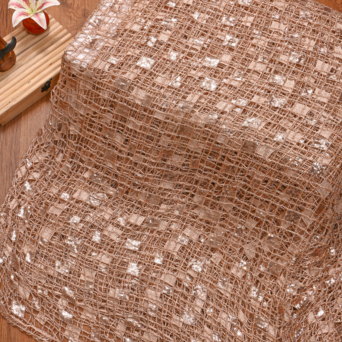Rose Gold Checkered Grid Sequin Net Fabric