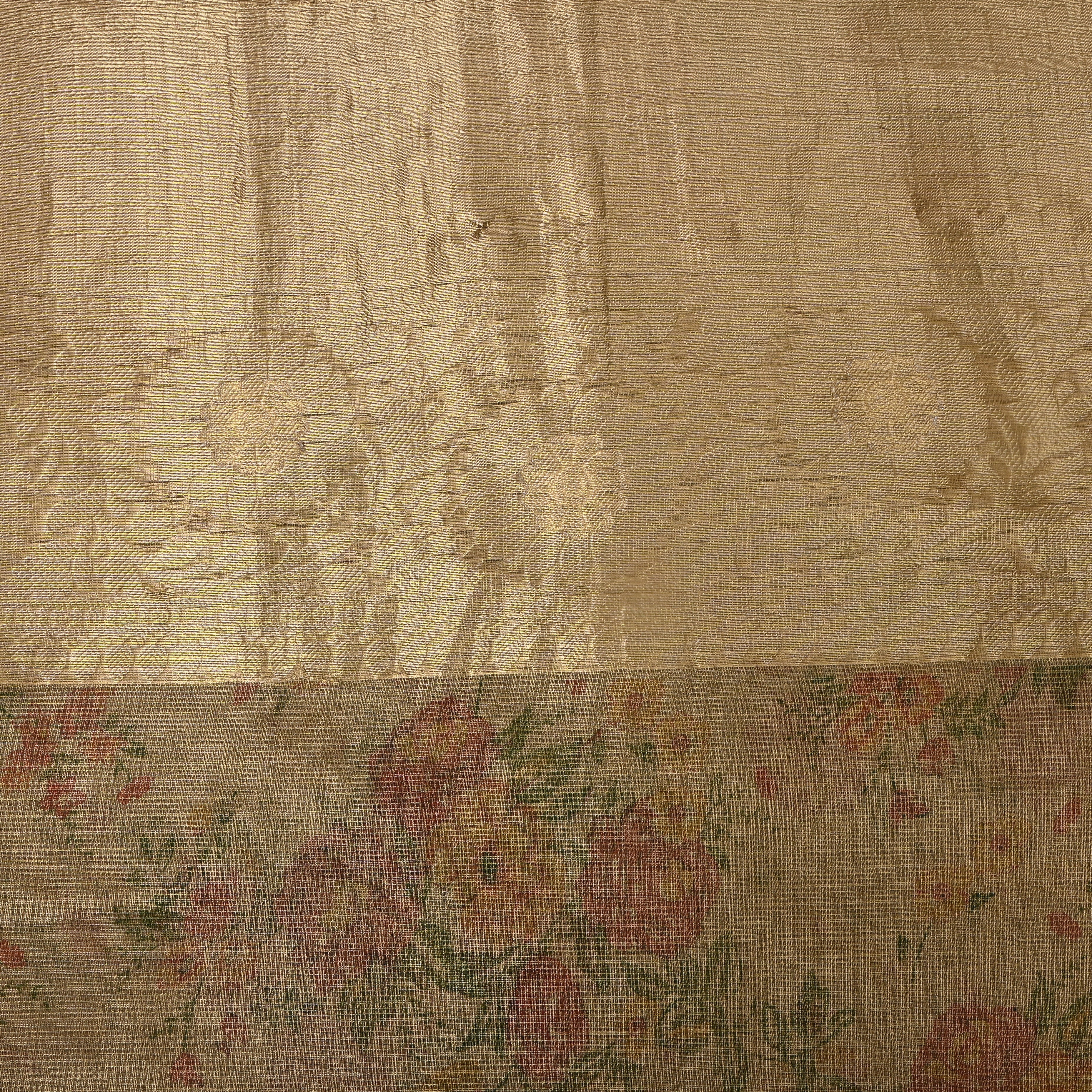 Antique Gold Floral Print Tissue Fabric