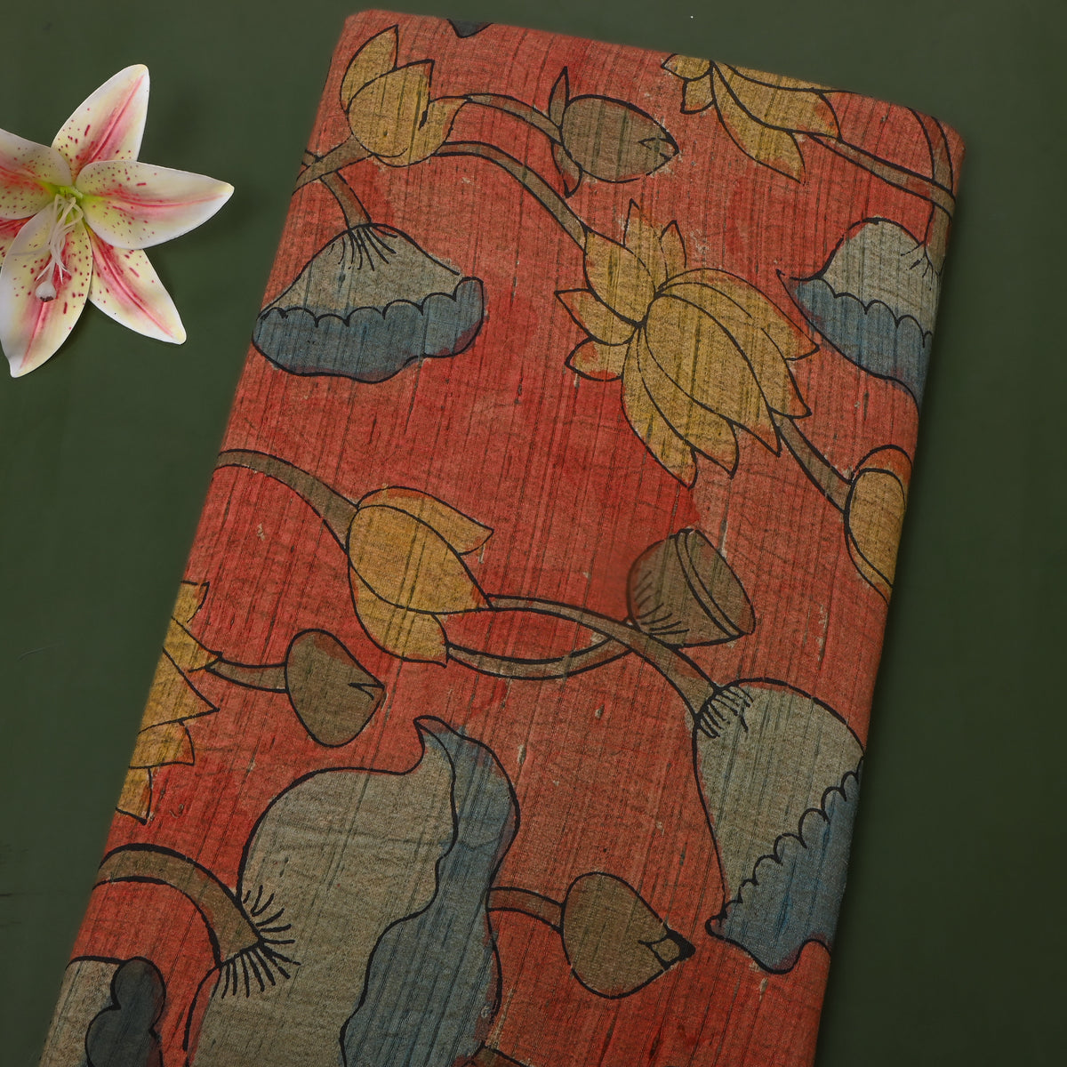 Vermilion Orange Lotus Pond Kalamkari Handloom Silk Fabric