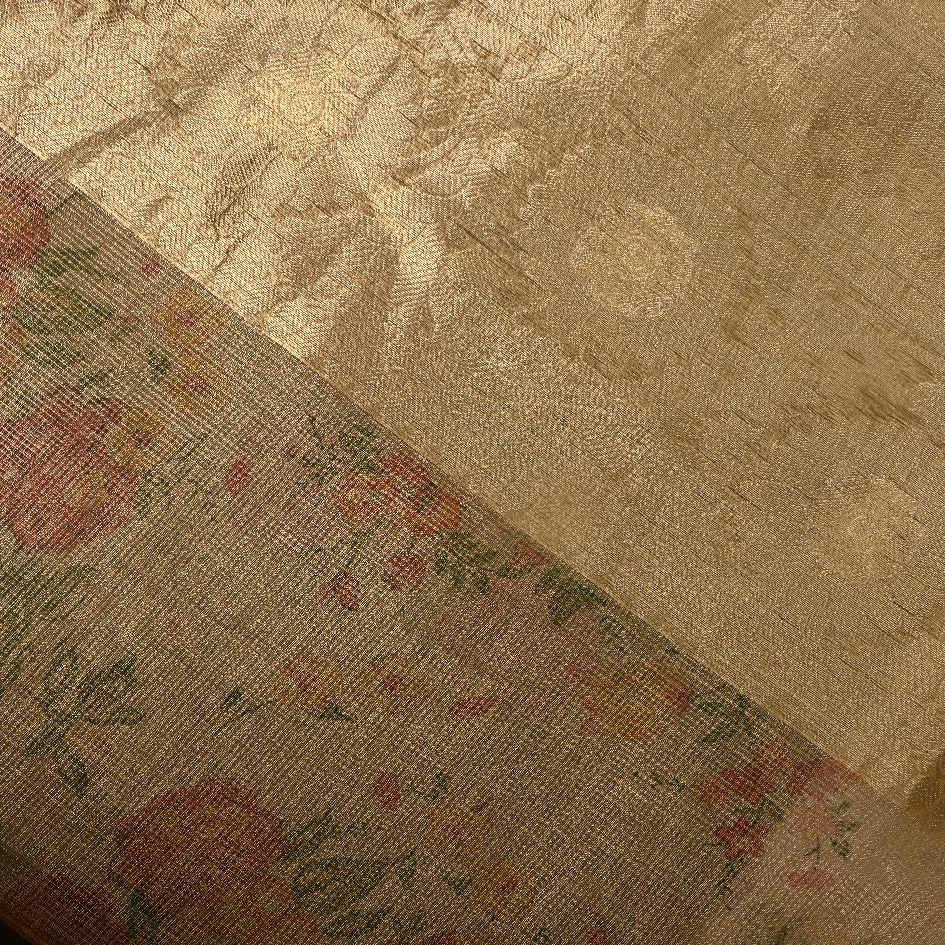 Antique Gold Floral Print Tissue Fabric