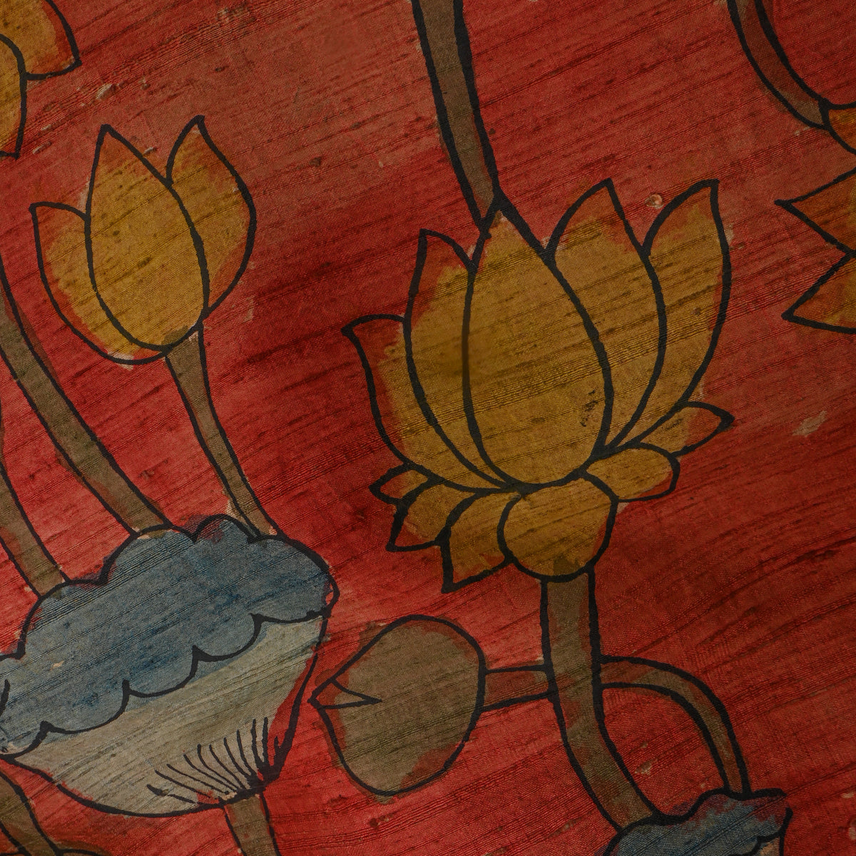 Vermilion Orange Lotus Pond Kalamkari Handloom Silk Fabric