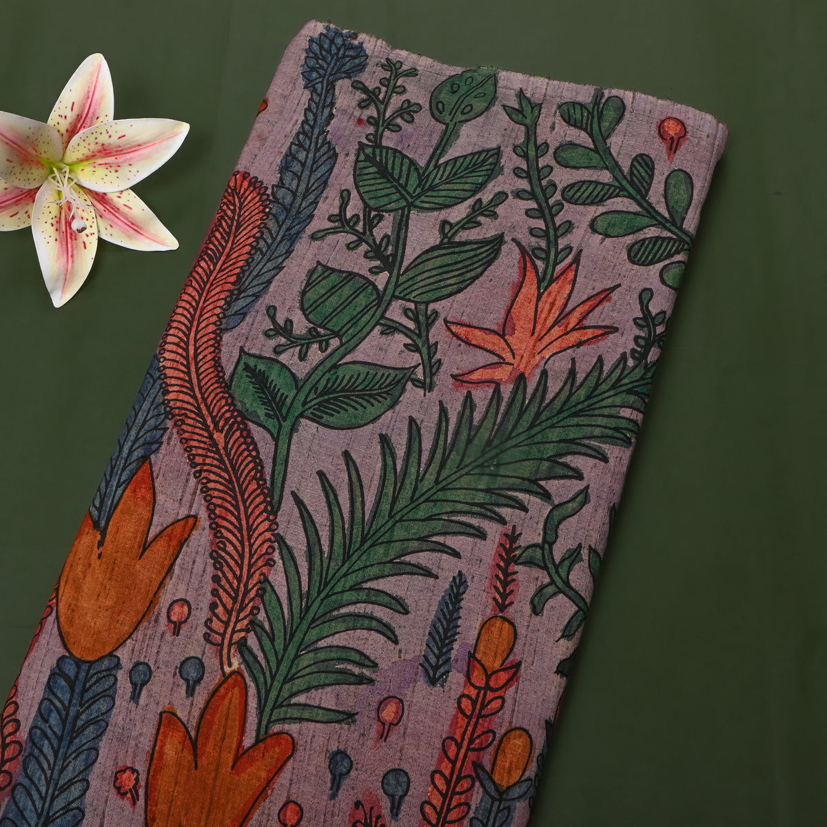 Lilac Tulip Feather Kalamkari Handloom Silk Fabric