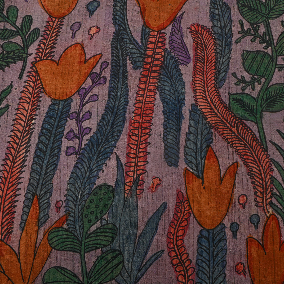 Lilac Tulip Feather Kalamkari Handloom Silk Fabric