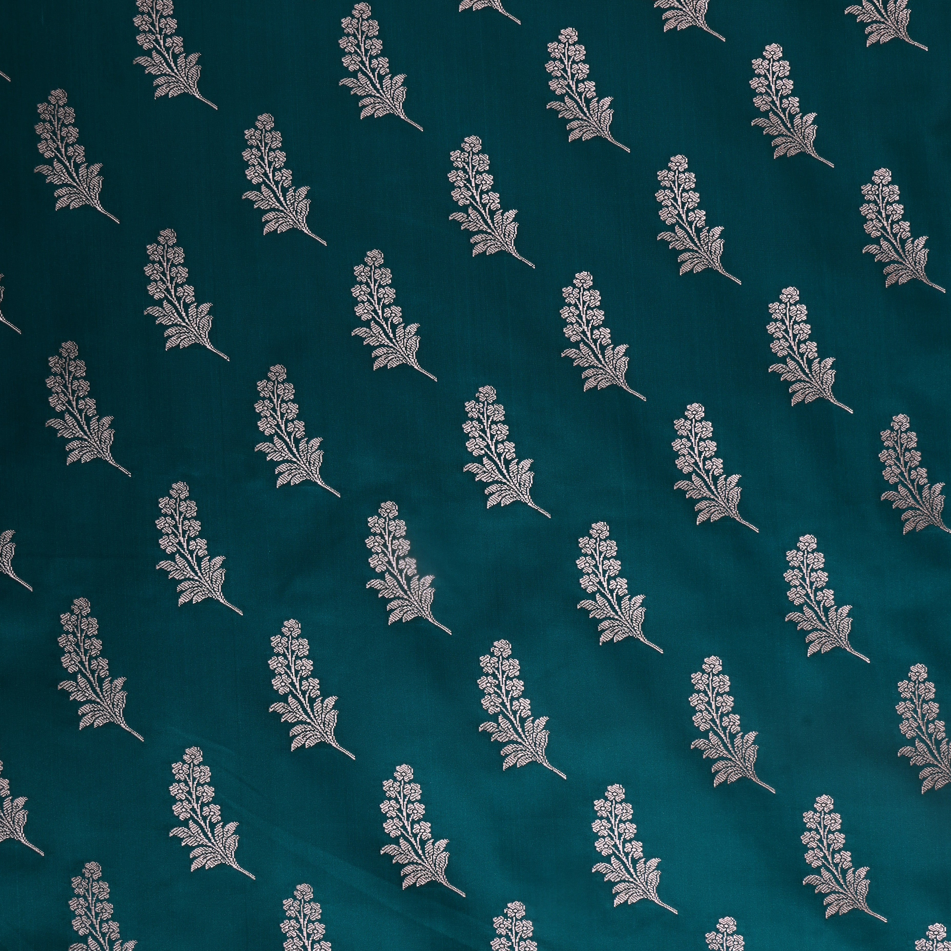 Persian Green Floral Silver Zari Satin Fabric