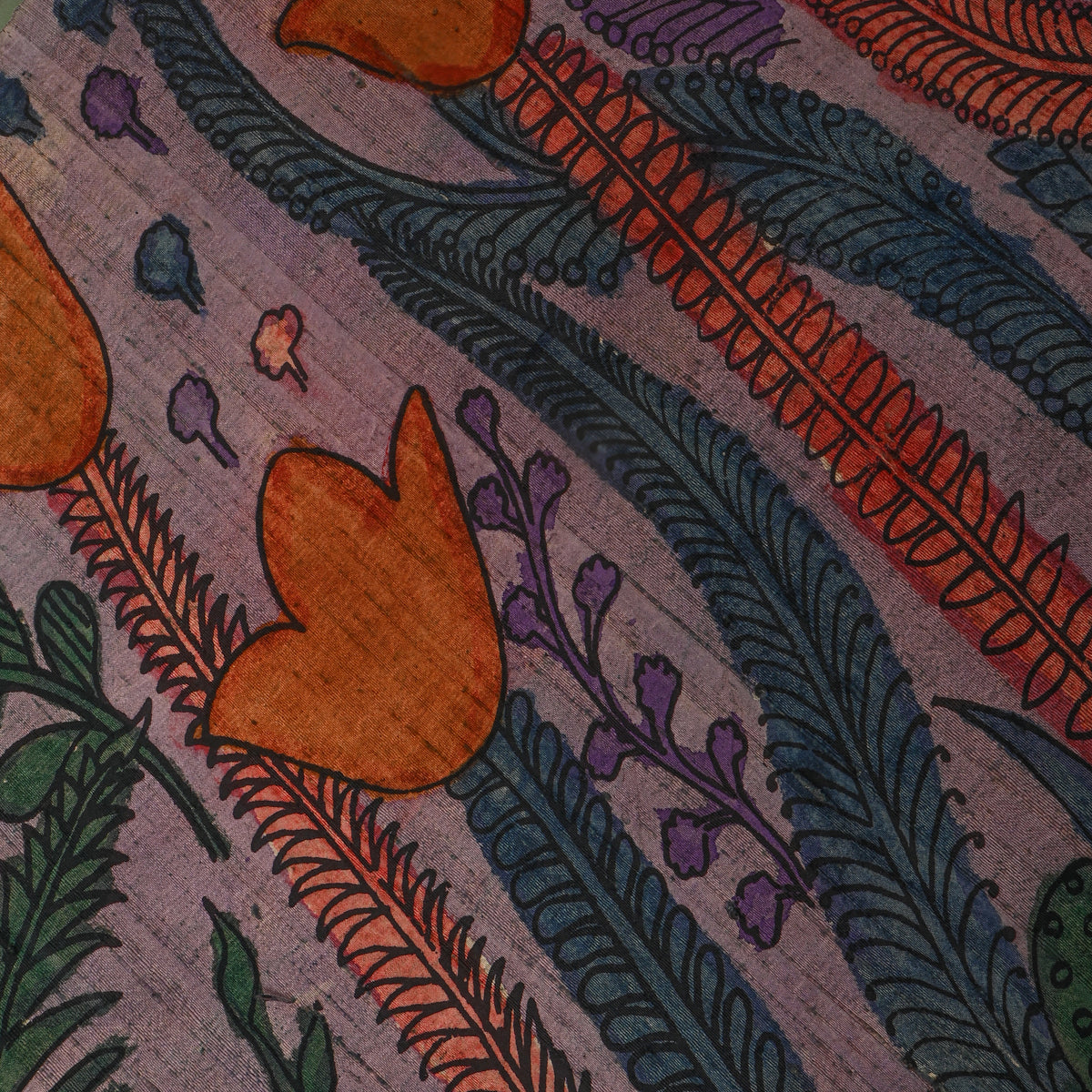 Lilac Tulip Feather Kalamkari Handloom Silk Fabric