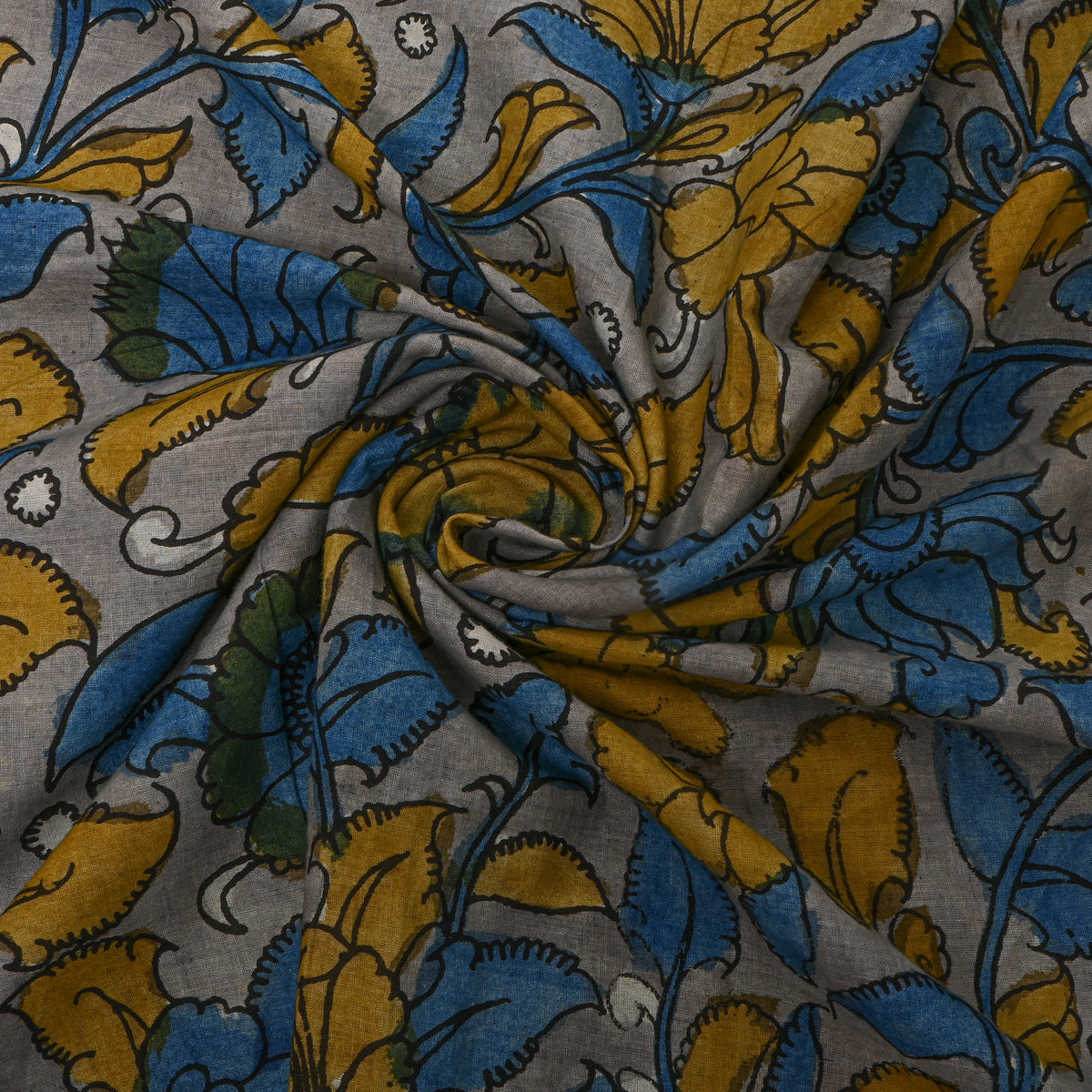 Pebble Grey Blue Floral Kalamkari Handloom Cotton Fabric