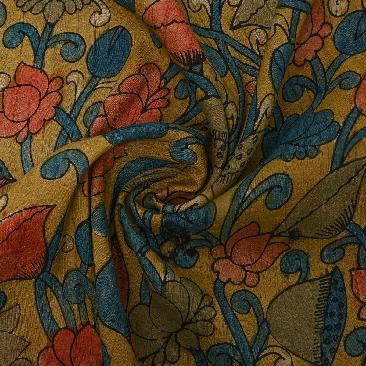 Turmeric Yellow Lotus Vine Kalamkari Handloom Silk Fabric