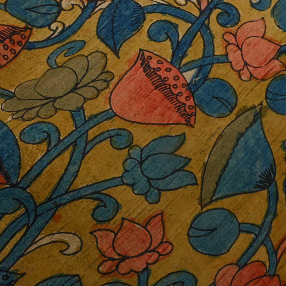 Turmeric Yellow Lotus Vine Kalamkari Handloom Silk Fabric