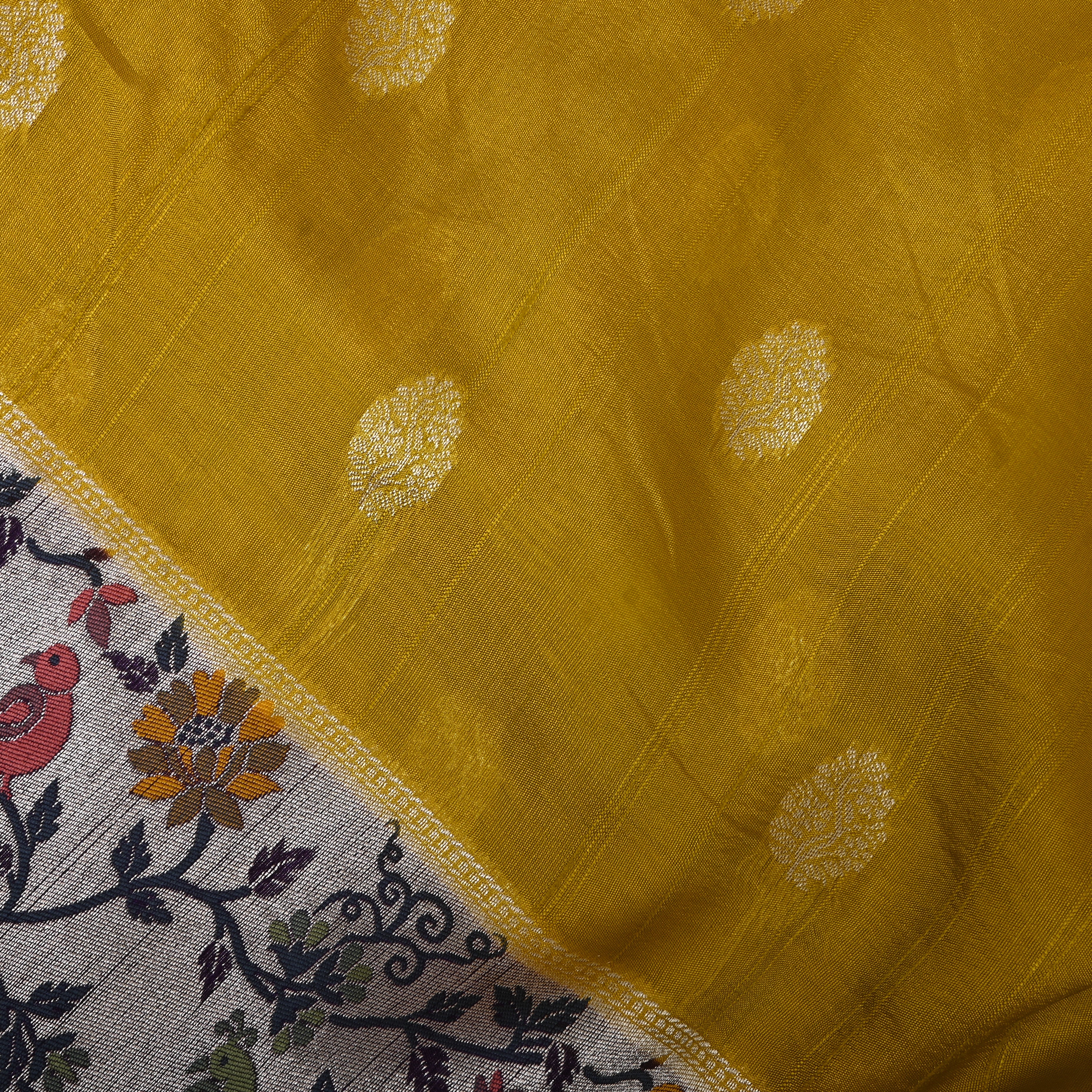 Golden Yellow Paithani Bird Border Jamawar Silk