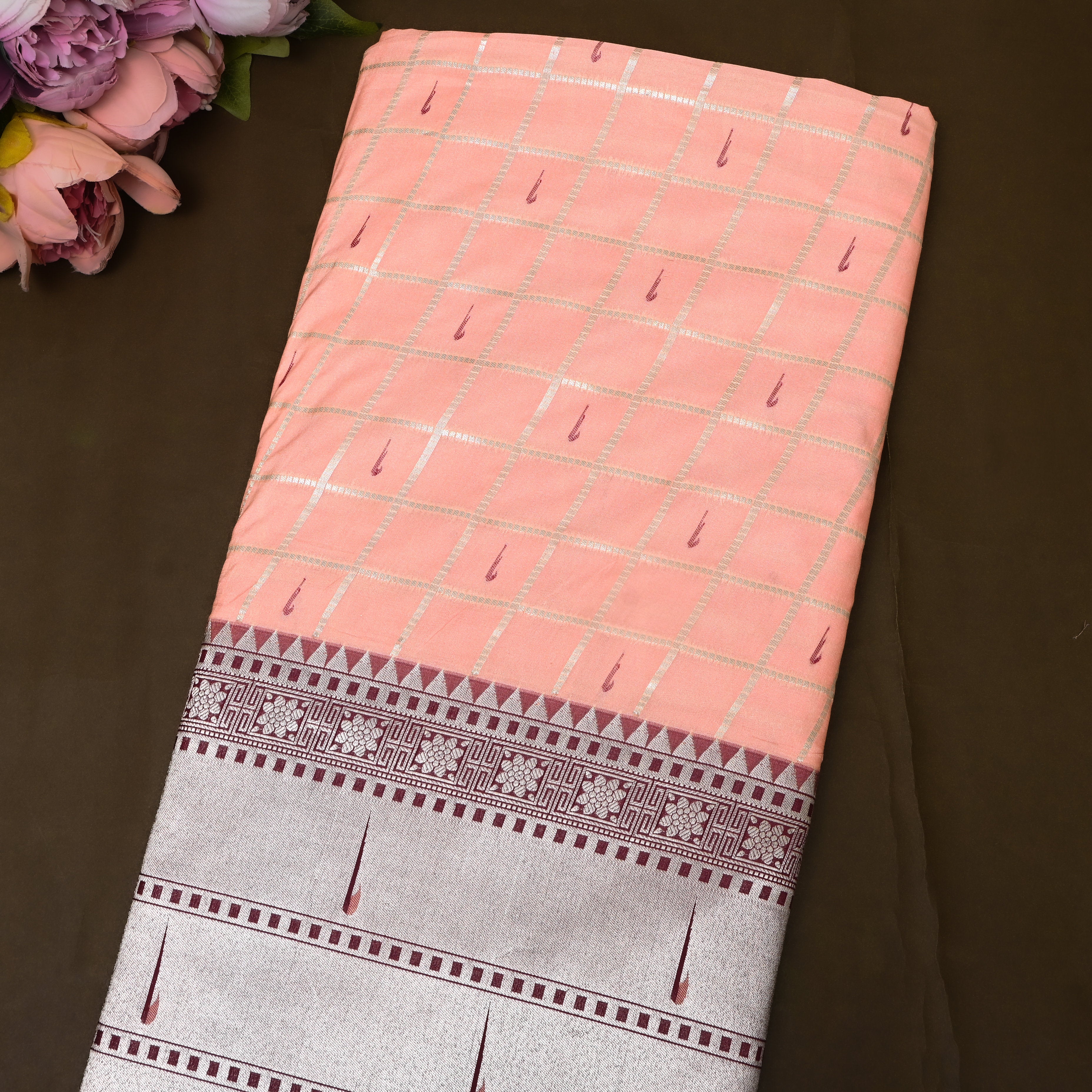 Peach Maroon Triple Munya Temple Border Jamawar Fabric