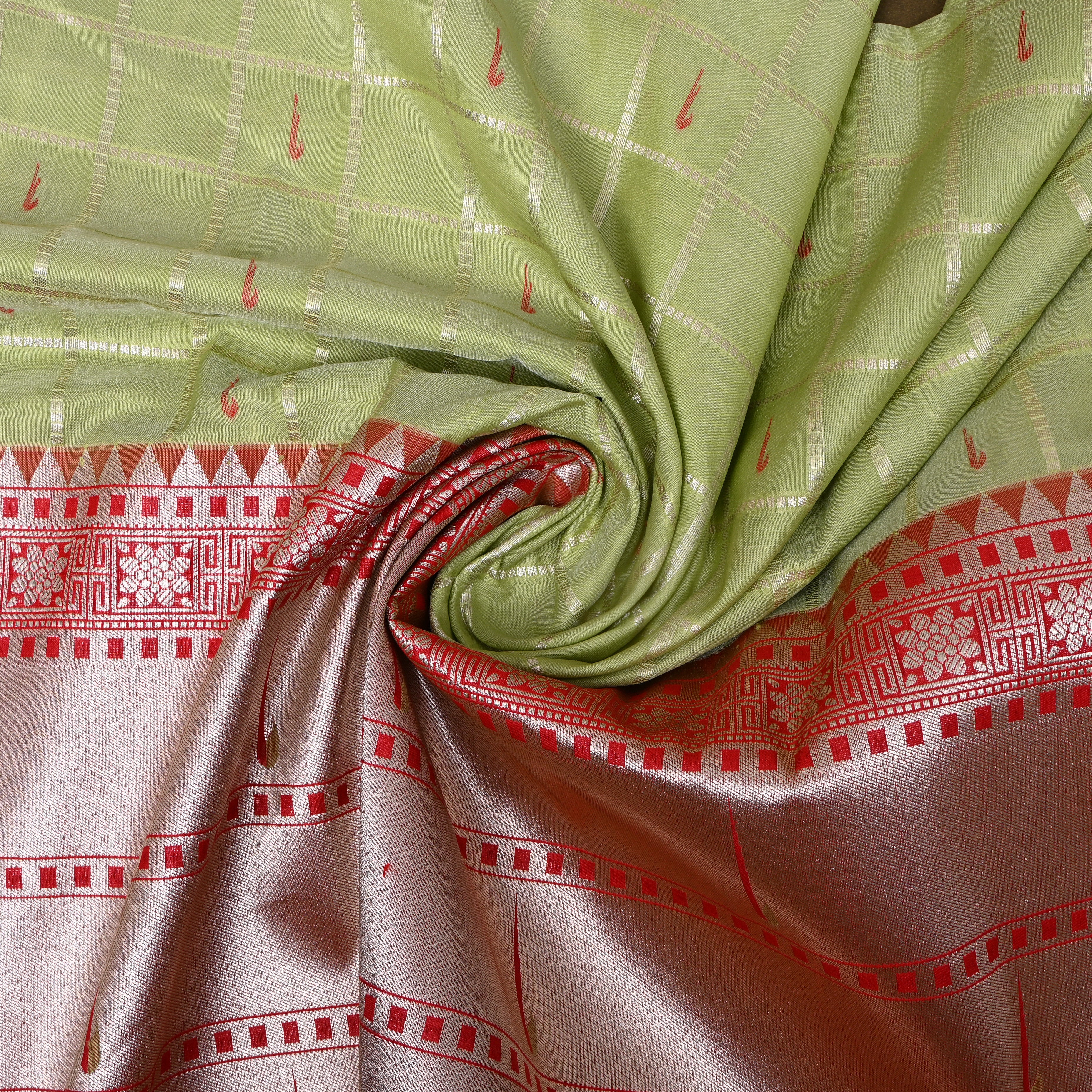 Pista Green Red Triple Munya Temple Border Jamawar Fabric
