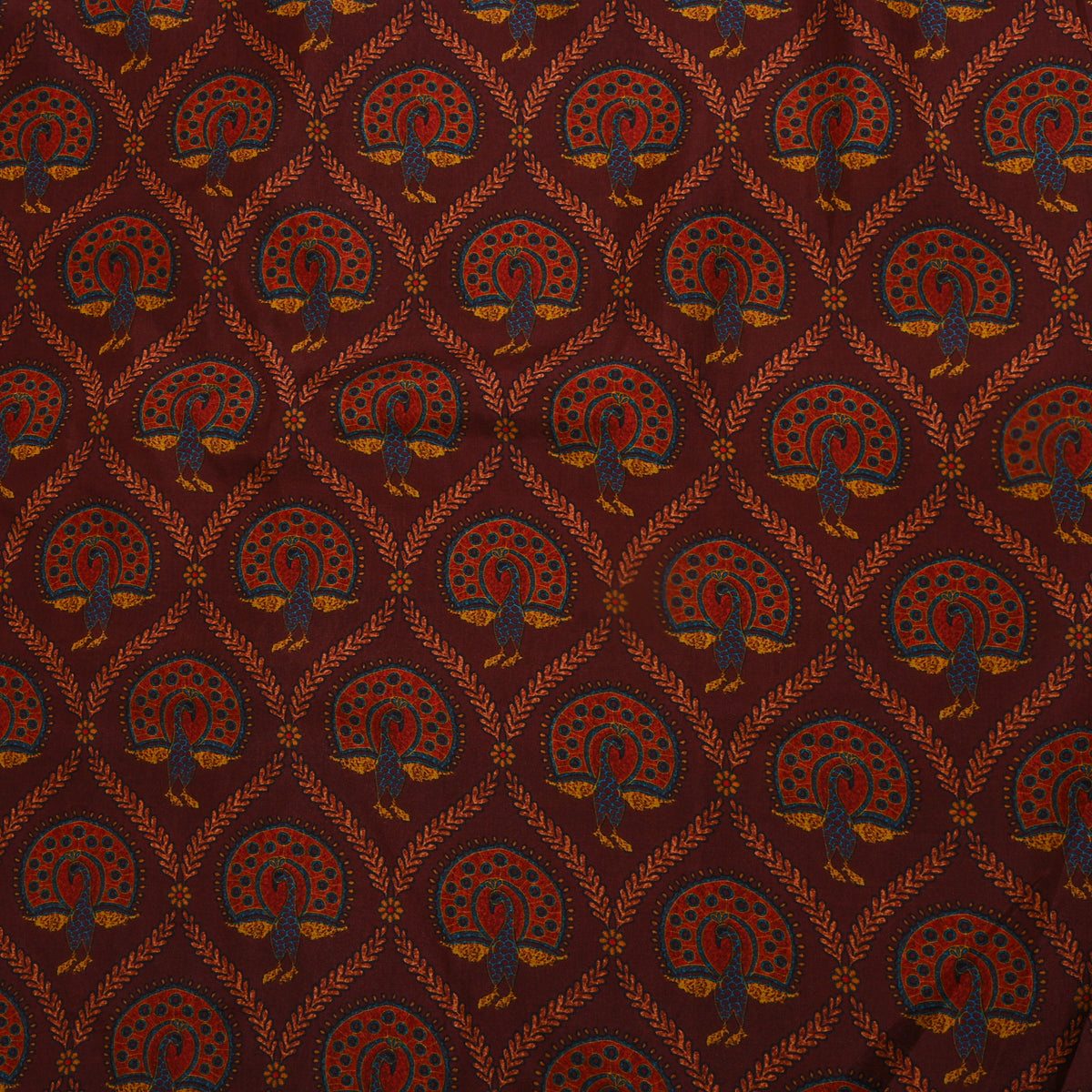 Cocoa Brown Peacock Trellis Print Silk Fabric