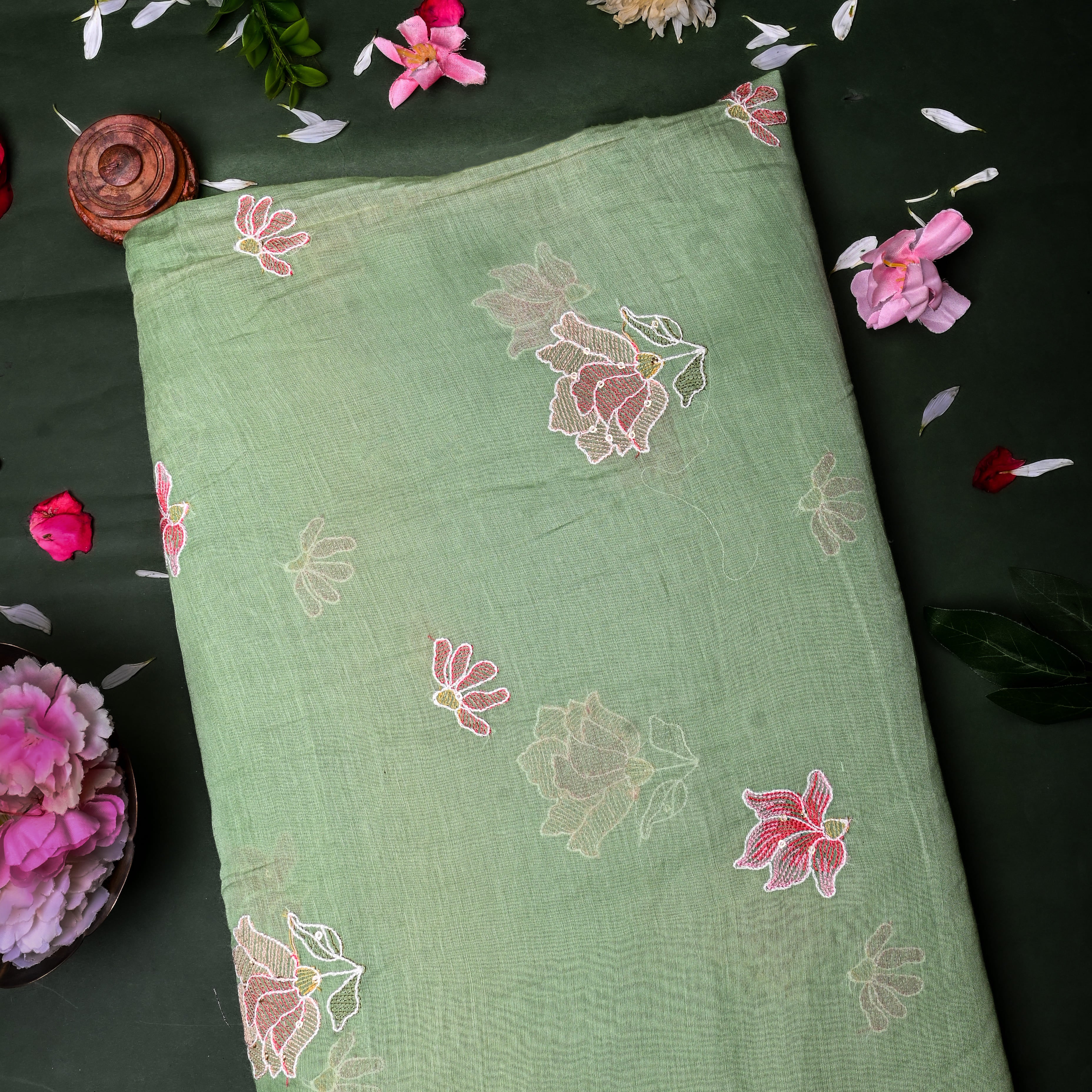 Pista Green Mulchanderi Fabric Thread Embroidery