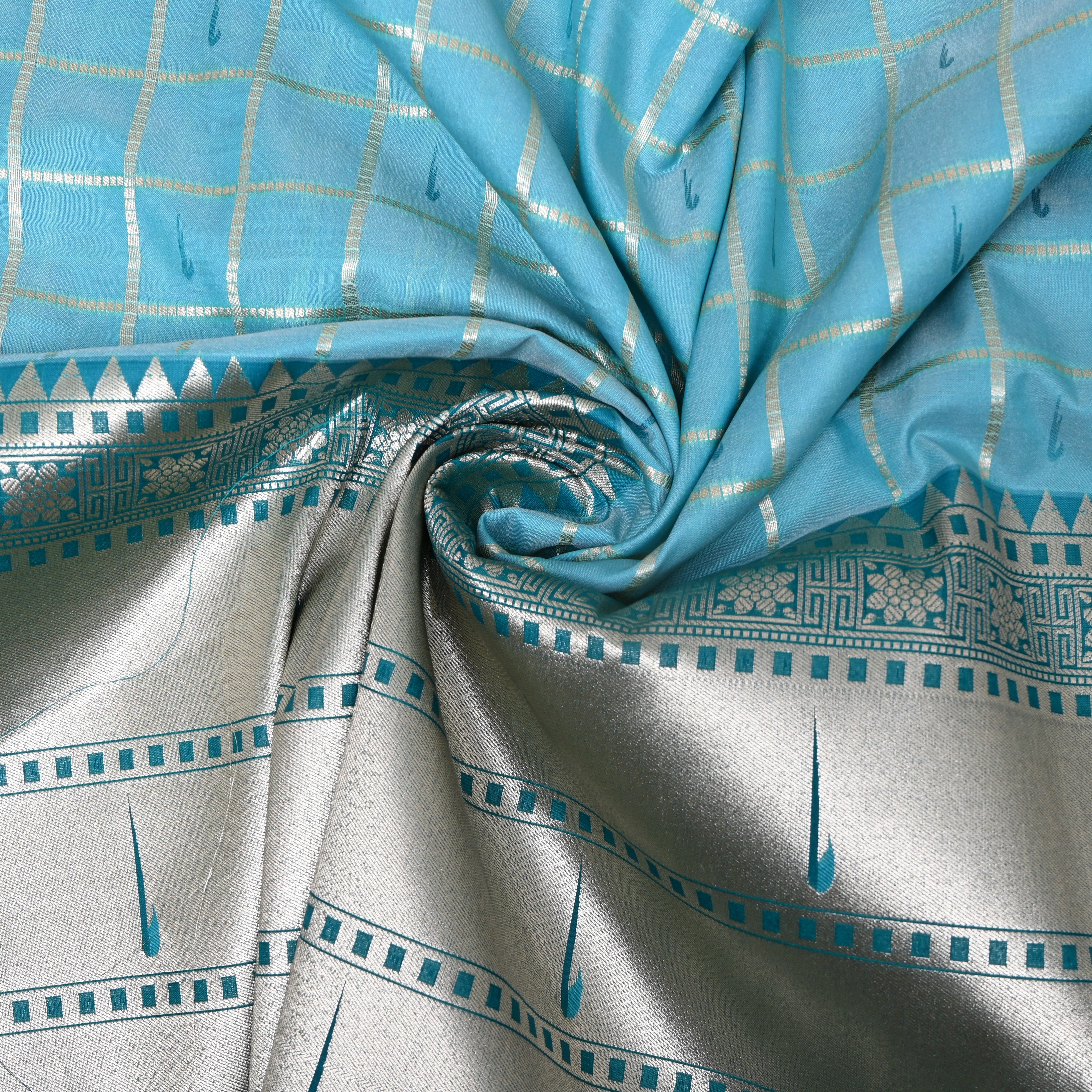 Sky Blue Teal Triple Munya Temple Border Jamawar Fabric