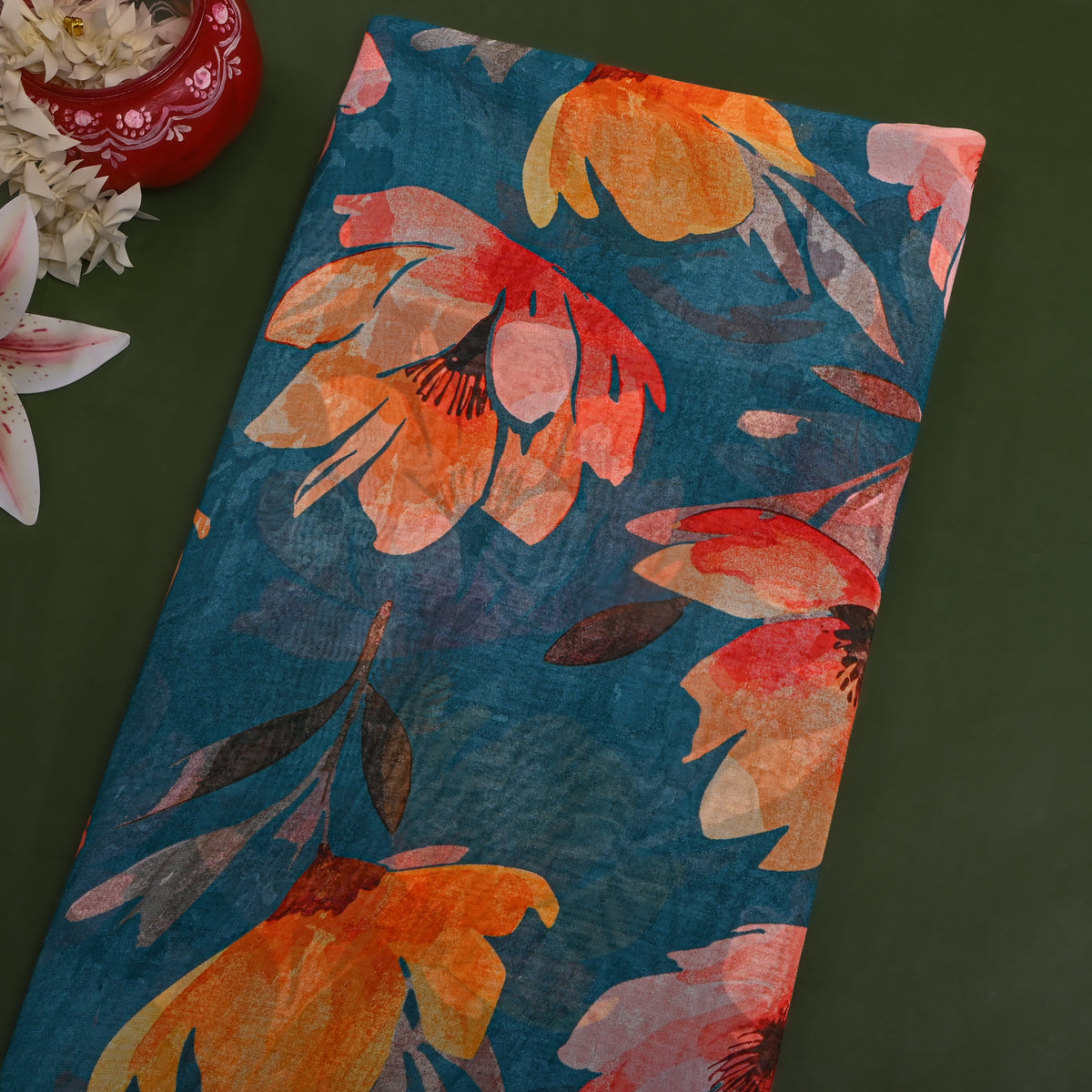 Petrol Blue Falling Bloom Print Chiffon Fabric