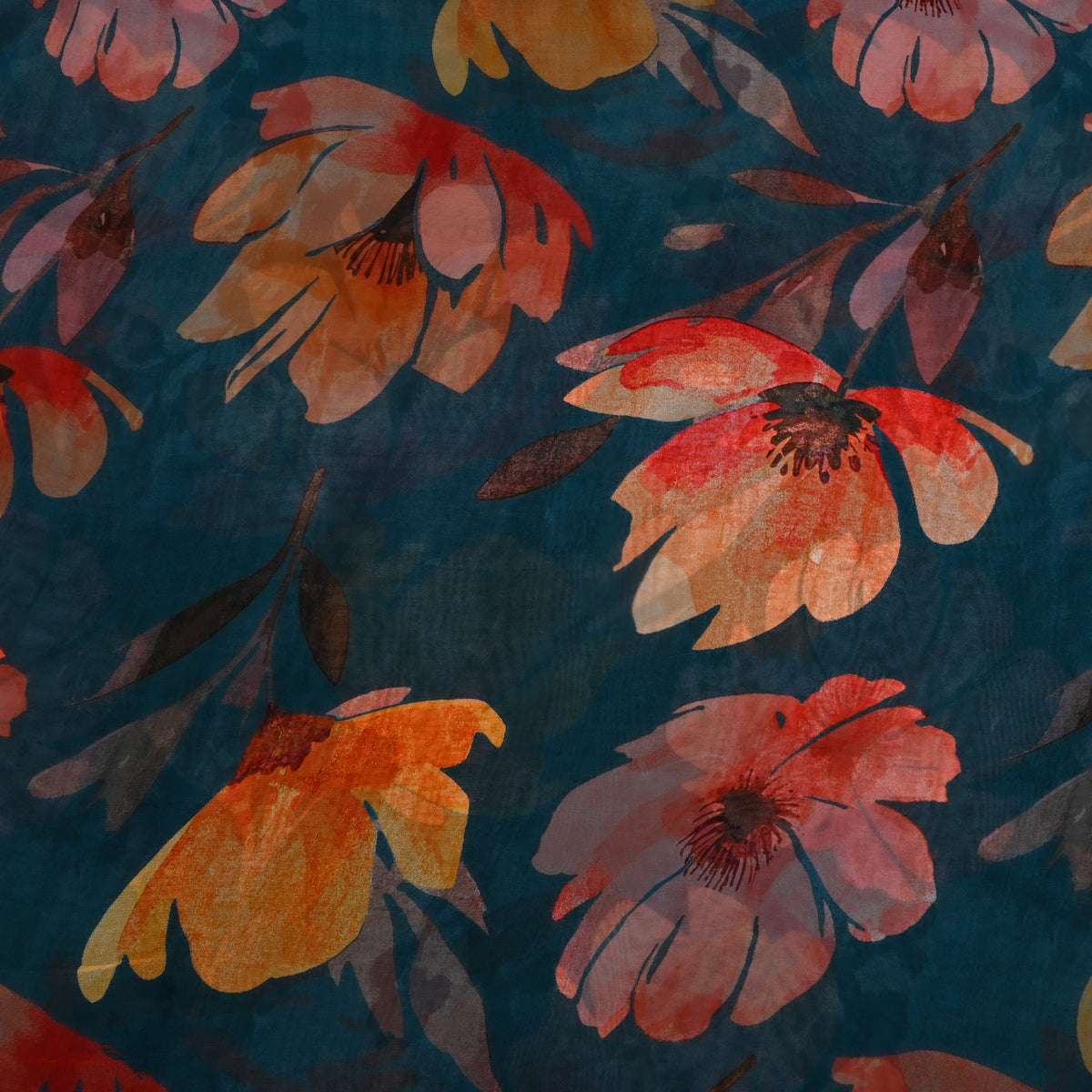 Petrol Blue Falling Bloom Print Chiffon Fabric