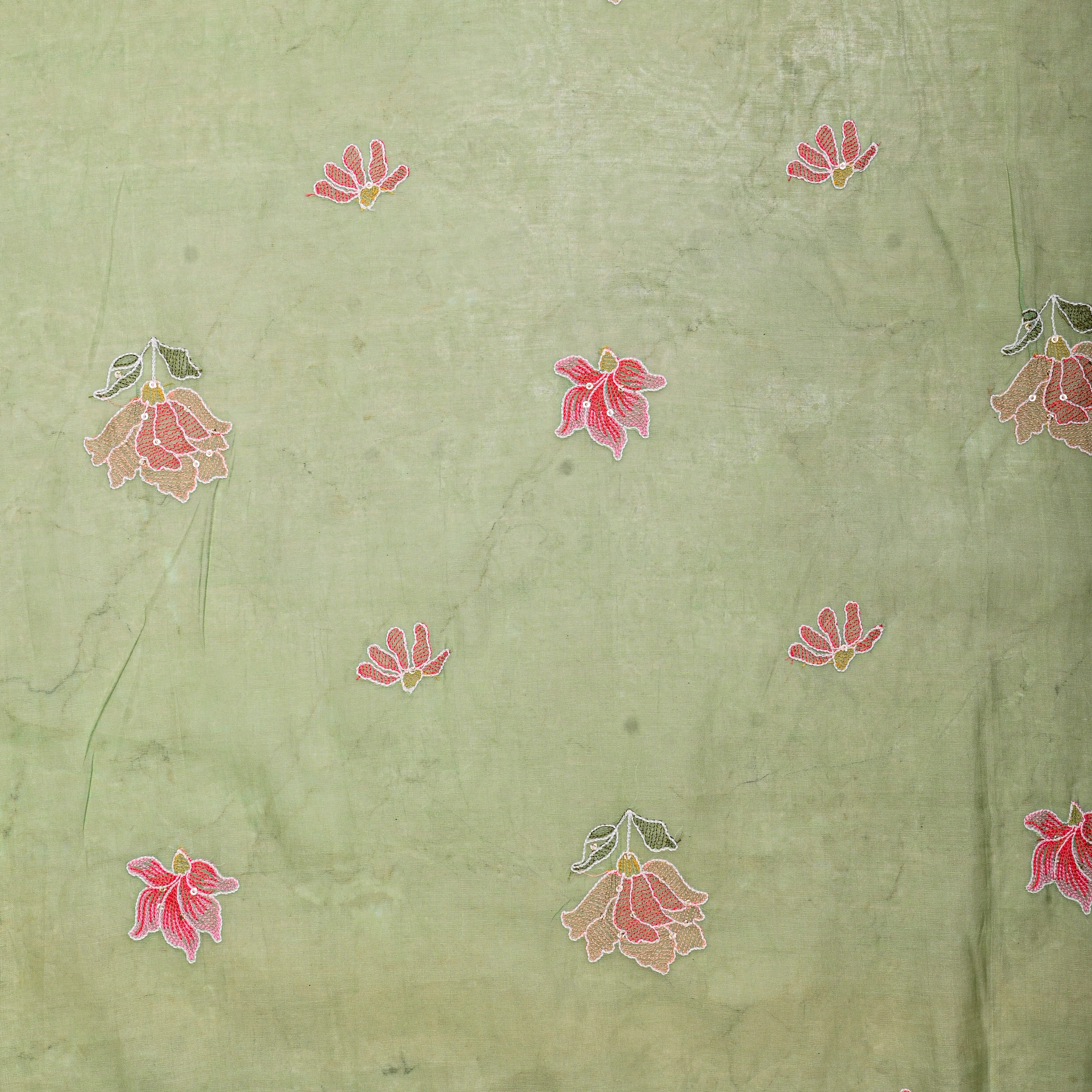 Pista Green Mulchanderi Fabric Thread Embroidery