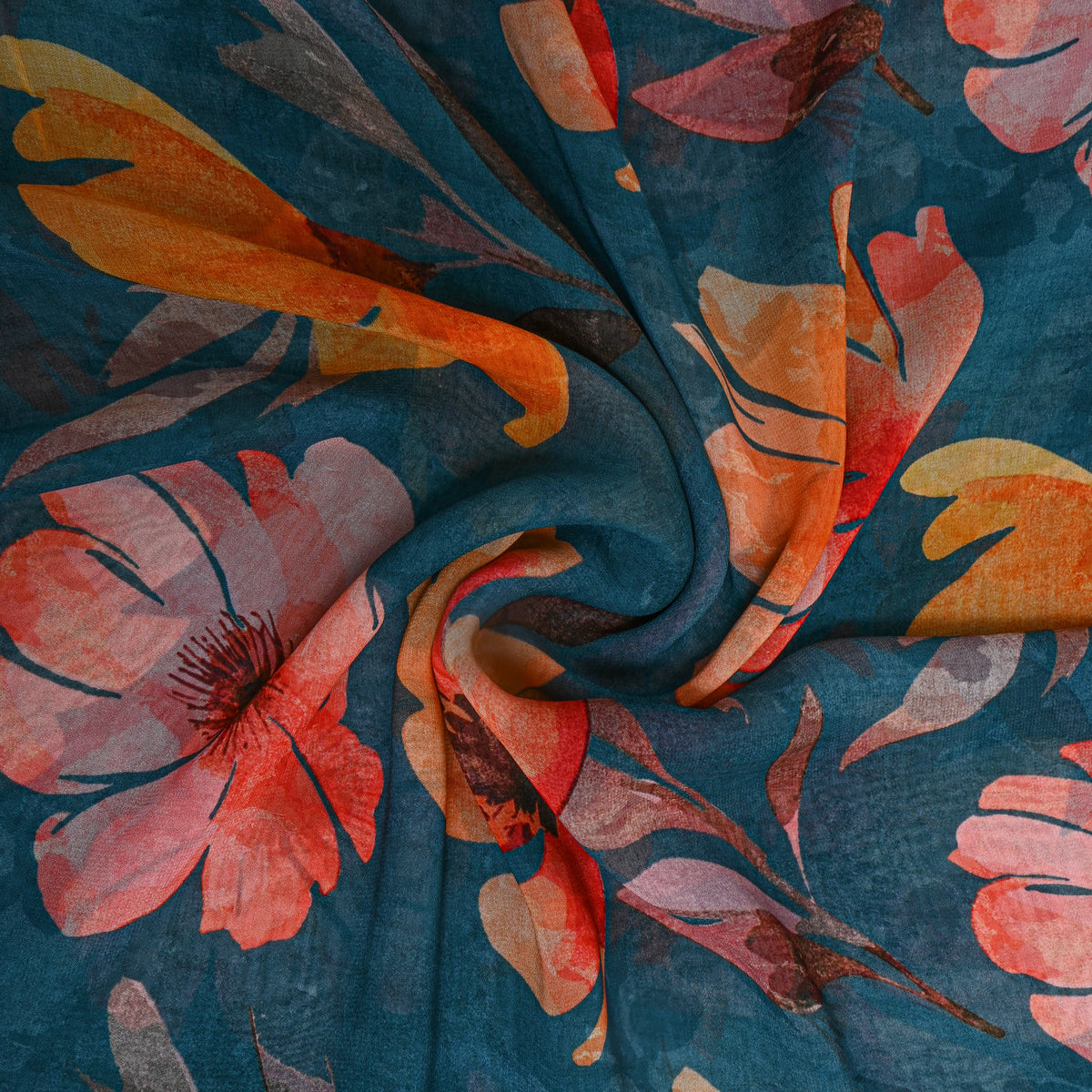 Petrol Blue Falling Bloom Print Chiffon Fabric