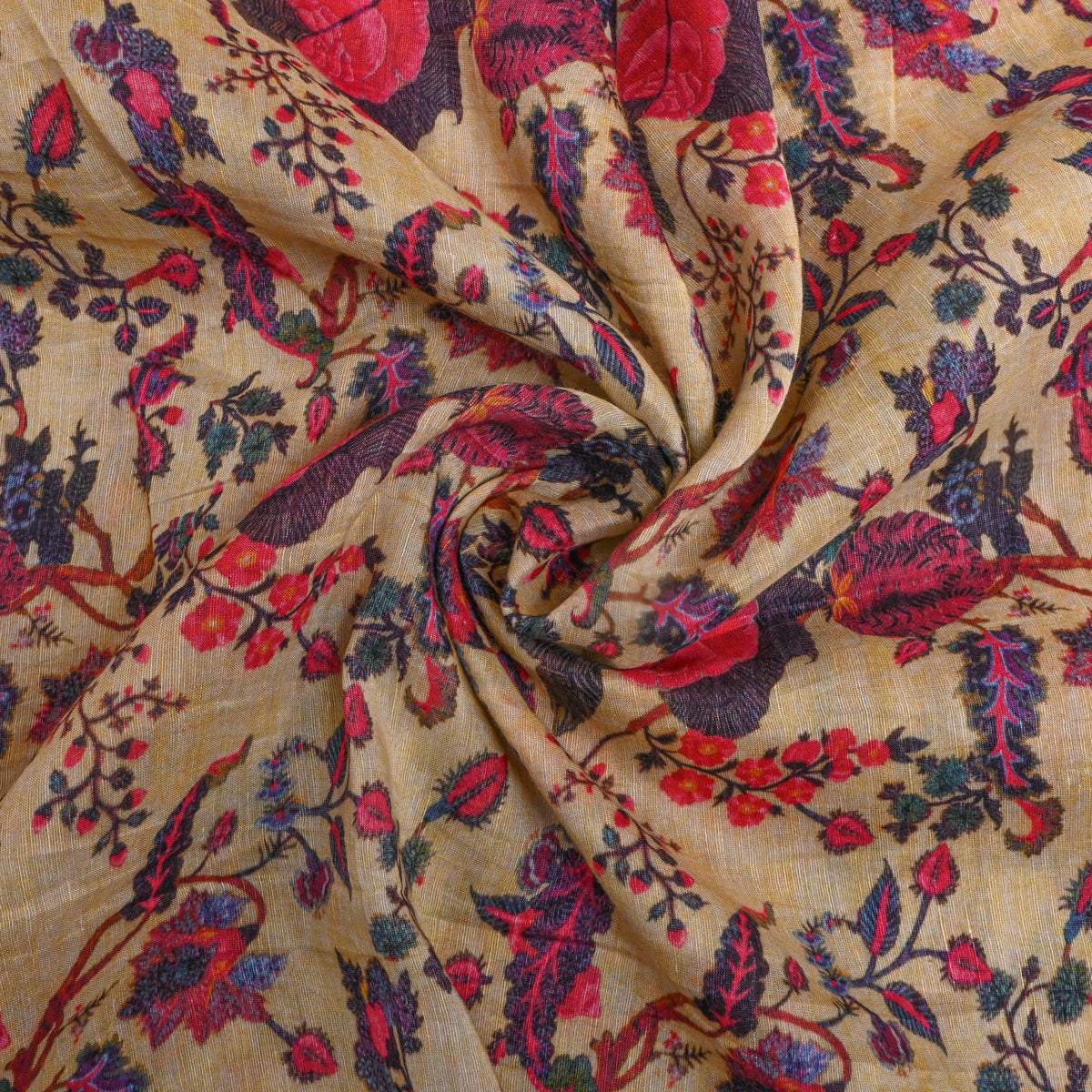 Ivory Linen Floral Jaal Printed Fabric