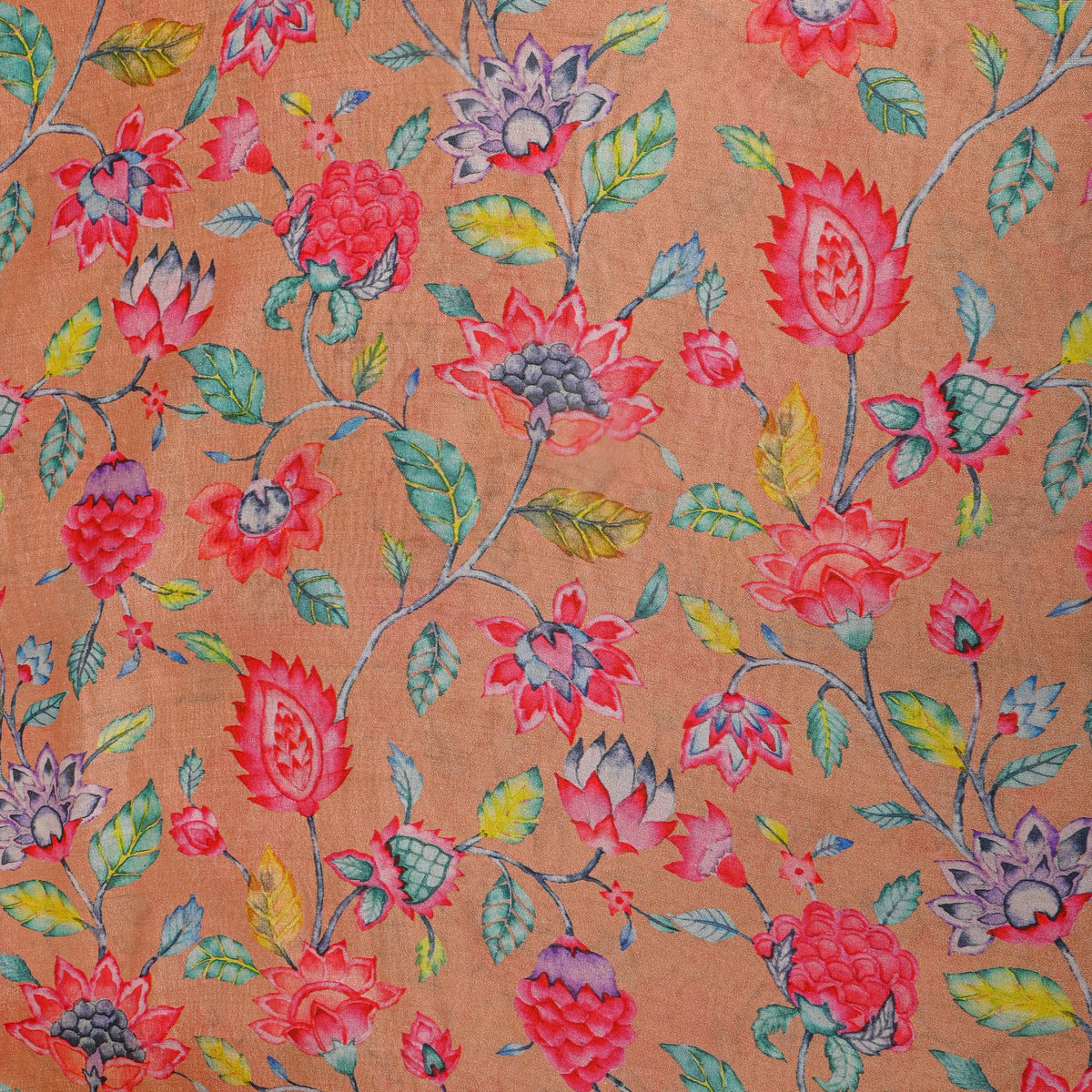 Apricot Peach Floral Jaal Print Silk Fabric