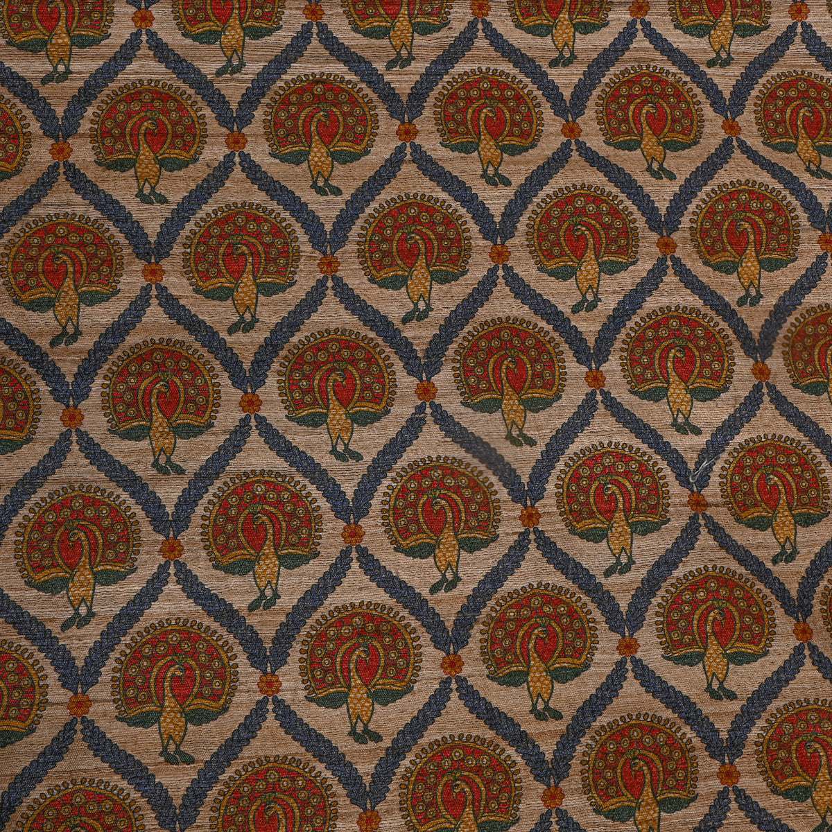 Sandstone Peacock Trellis Print Tussar Silk Fabric
