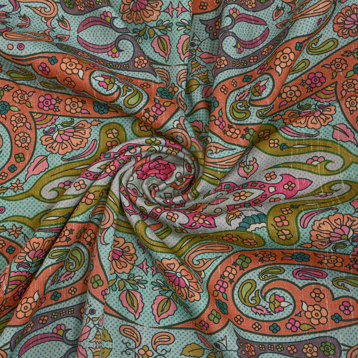 Sea Mist Paisley Medallion Print Raw Silk Fabric