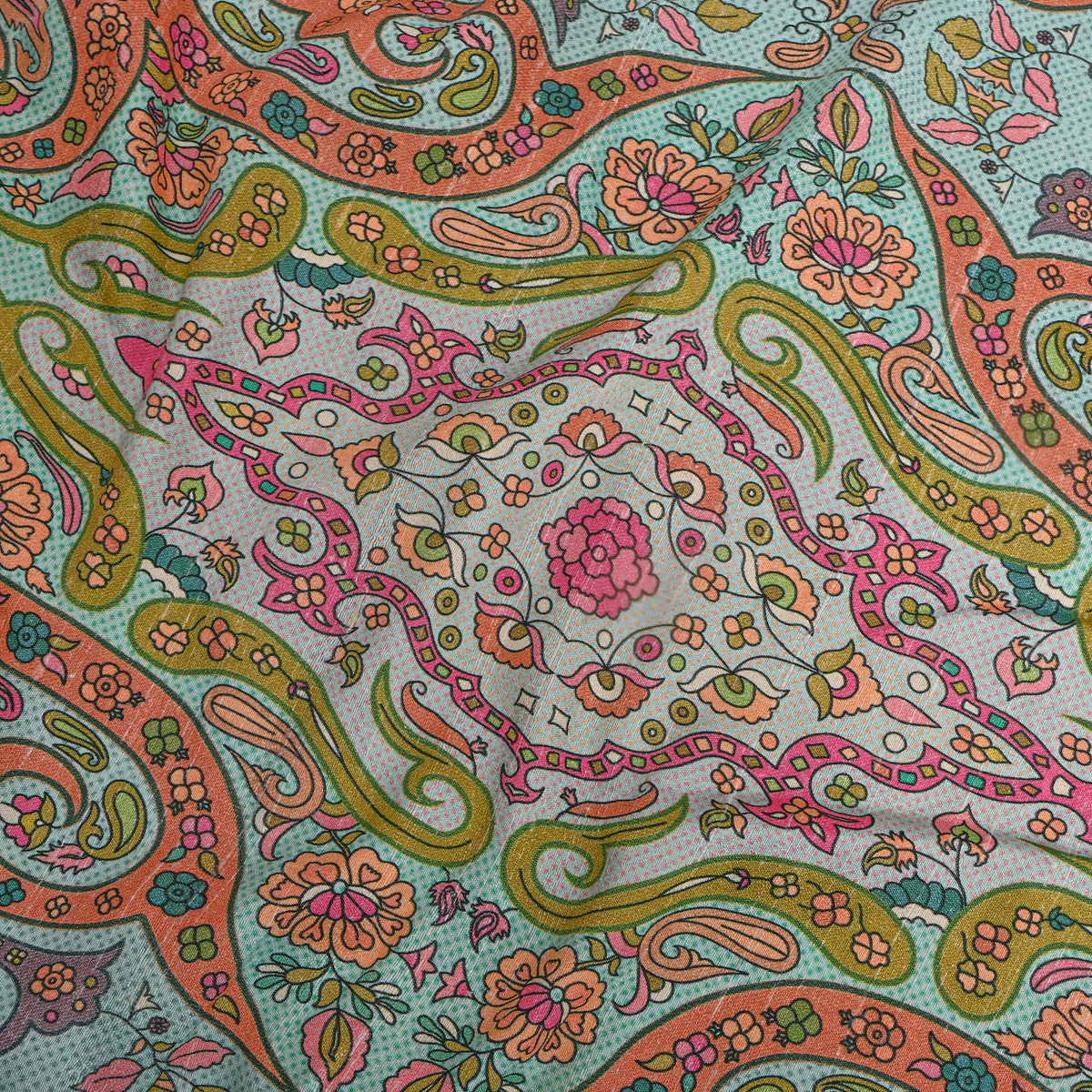 Sea Mist Paisley Medallion Print Raw Silk Fabric