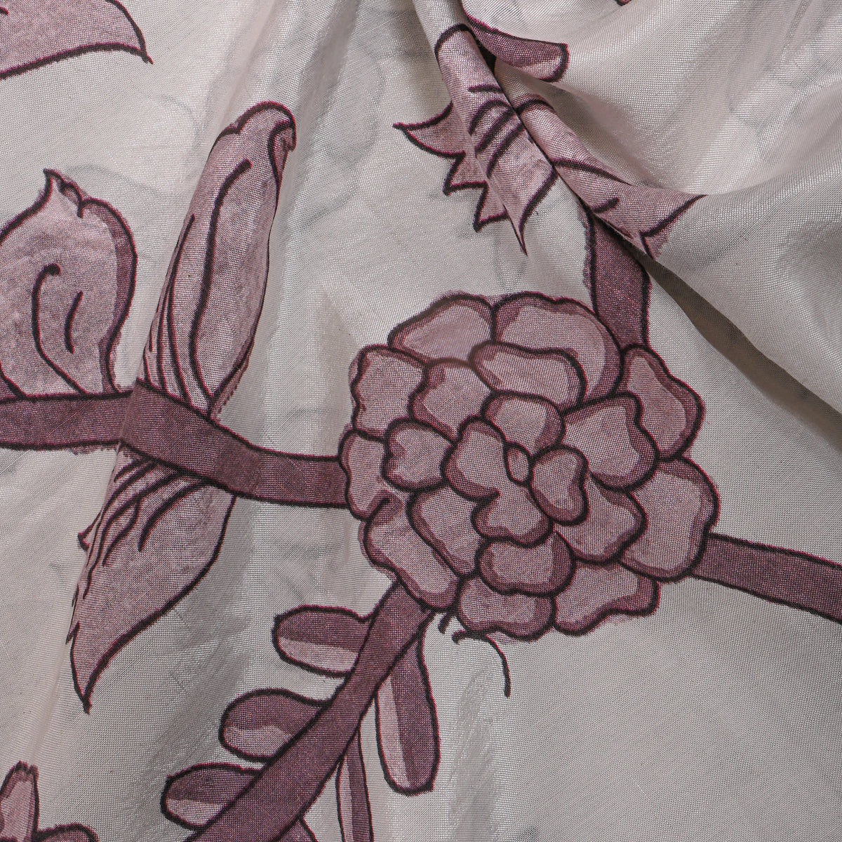 Pearl White Mauve Floral Vine Print Tussar Fabric