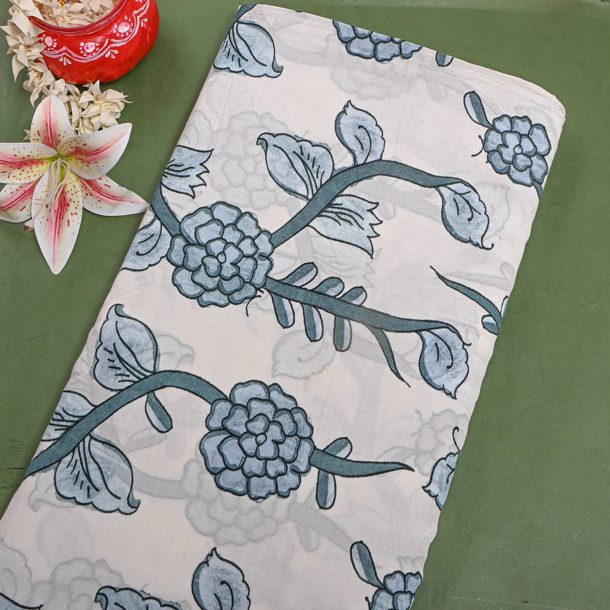 Frost White Slate Blue Floral Vine Print Tussar Fabric