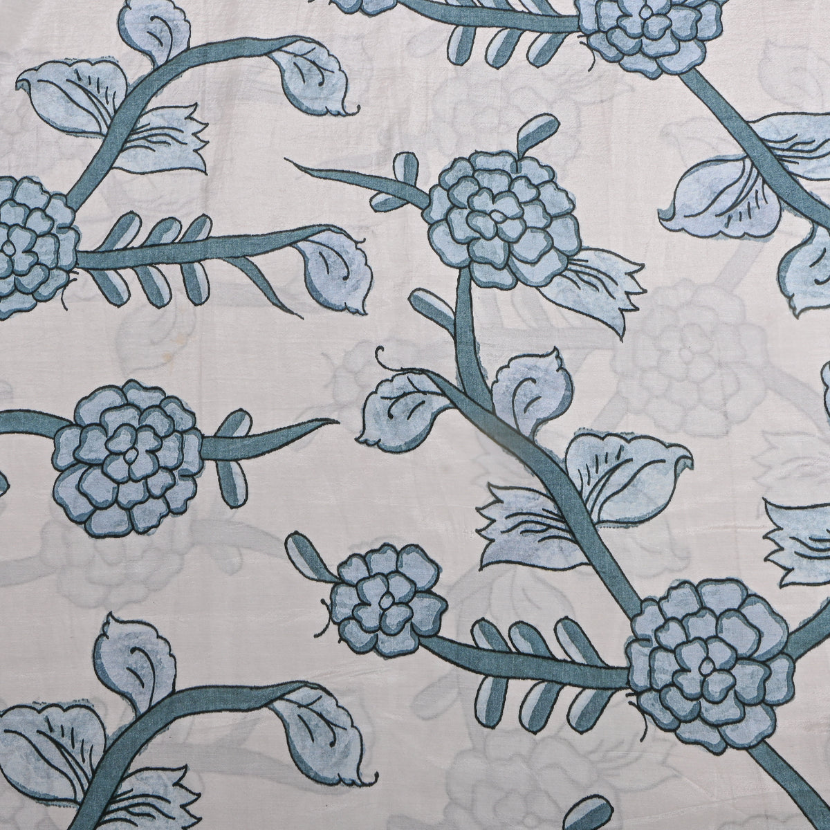 Frost White Slate Blue Floral Vine Print Tussar Fabric