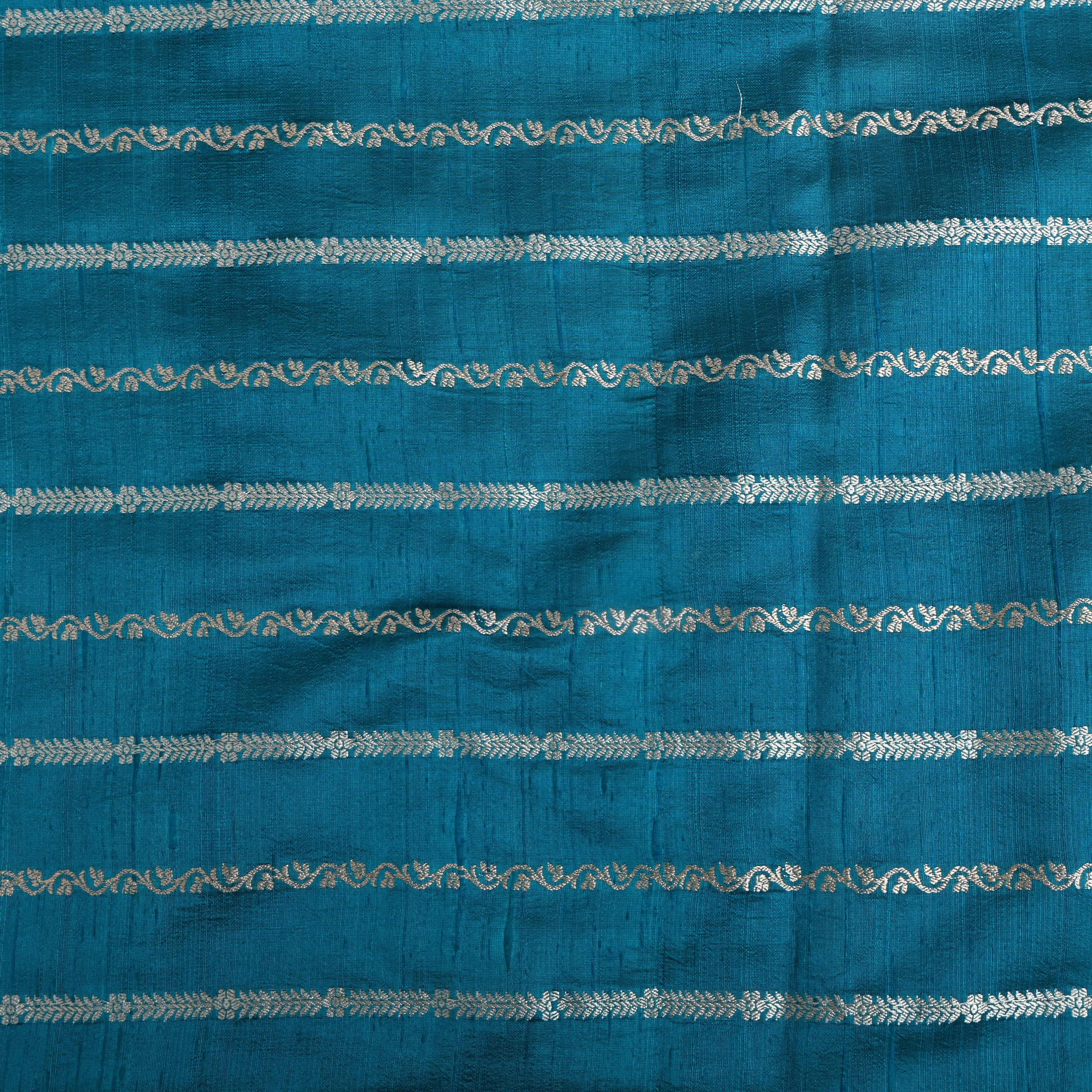 Greenish Blue Silver Zari Dupion Silk Fabric