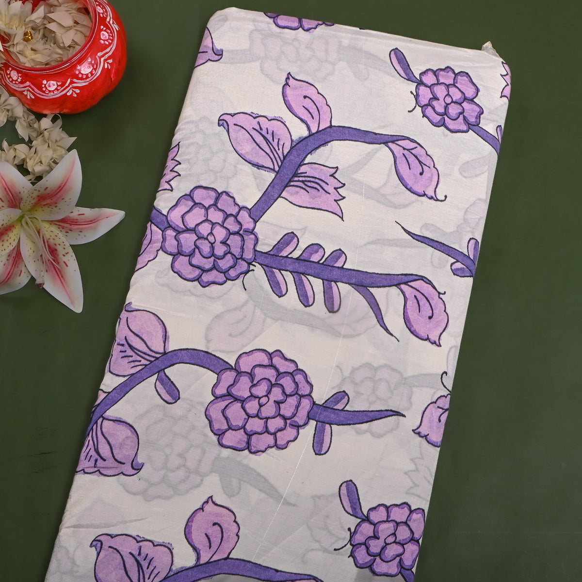 Cloud White Lilac Floral Vine Print Tussar Fabric