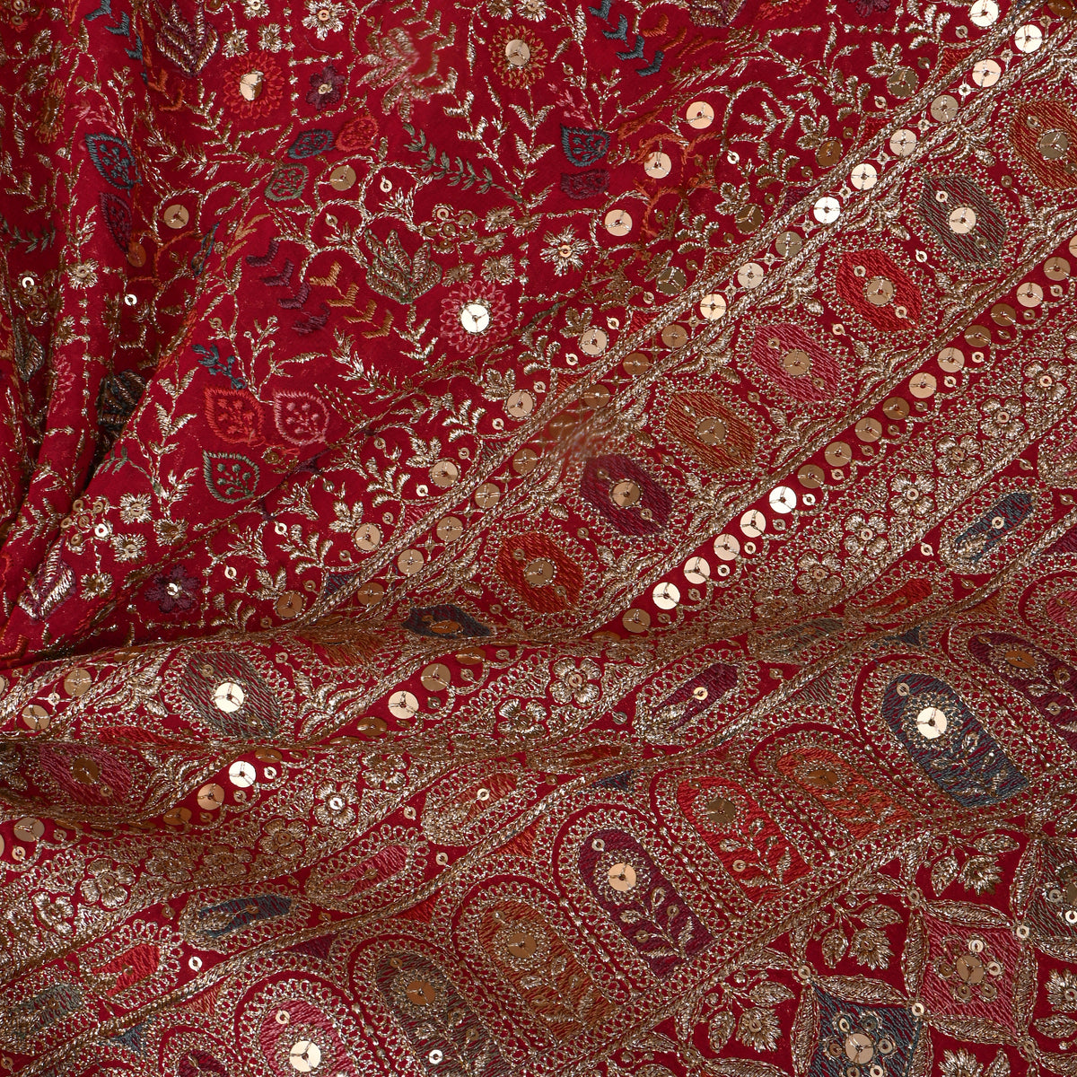 Red Multicolour Resham Floral Embroidered Georgette Fabric