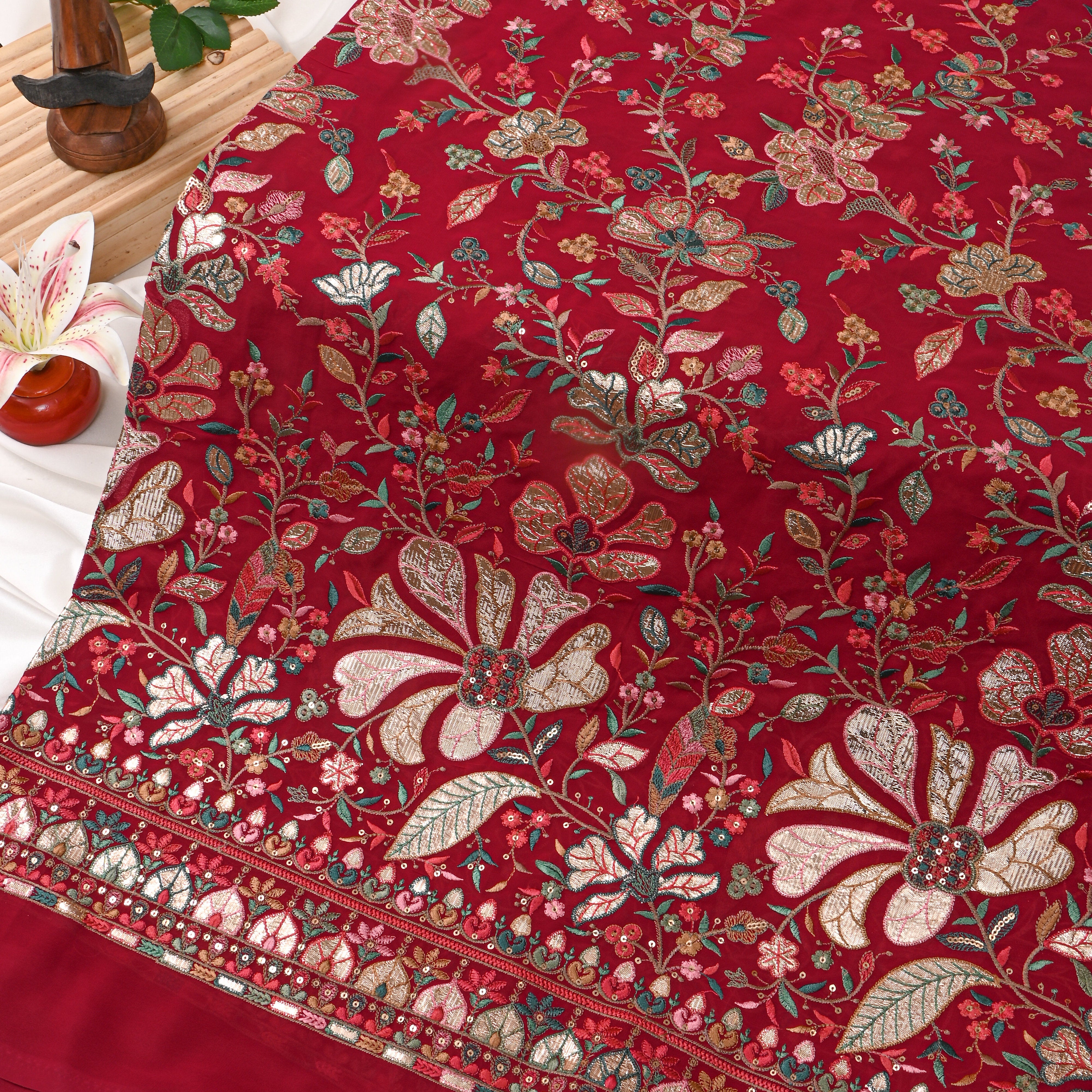 Red Multicolour Resham Floral Embroidered Georgette