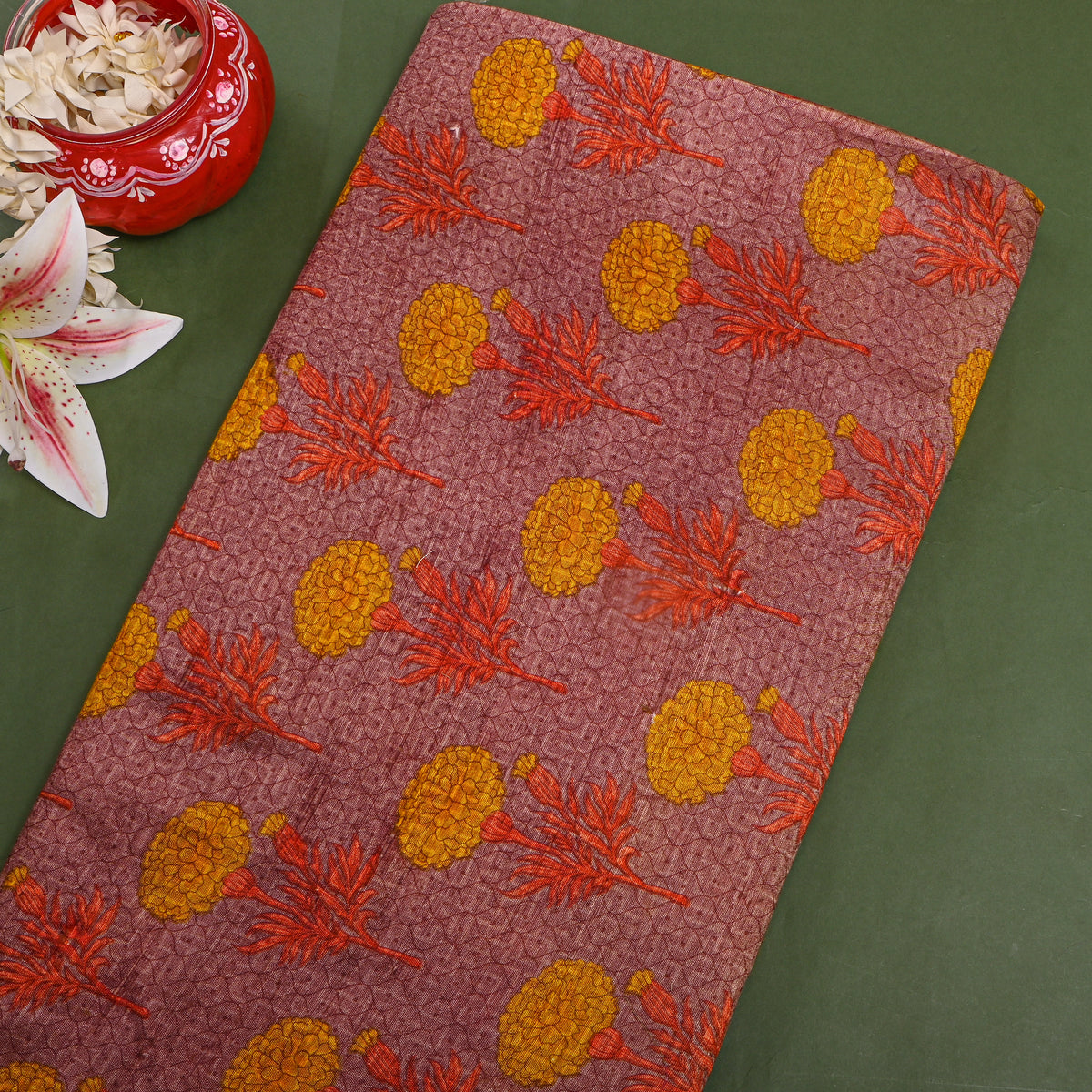 Wine Multi Flora Geometric Print Tussar Silk Fabric