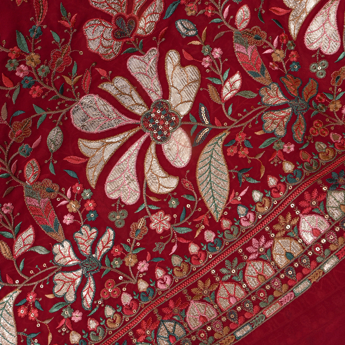 Red Multicolour Resham Floral Embroidered Georgette