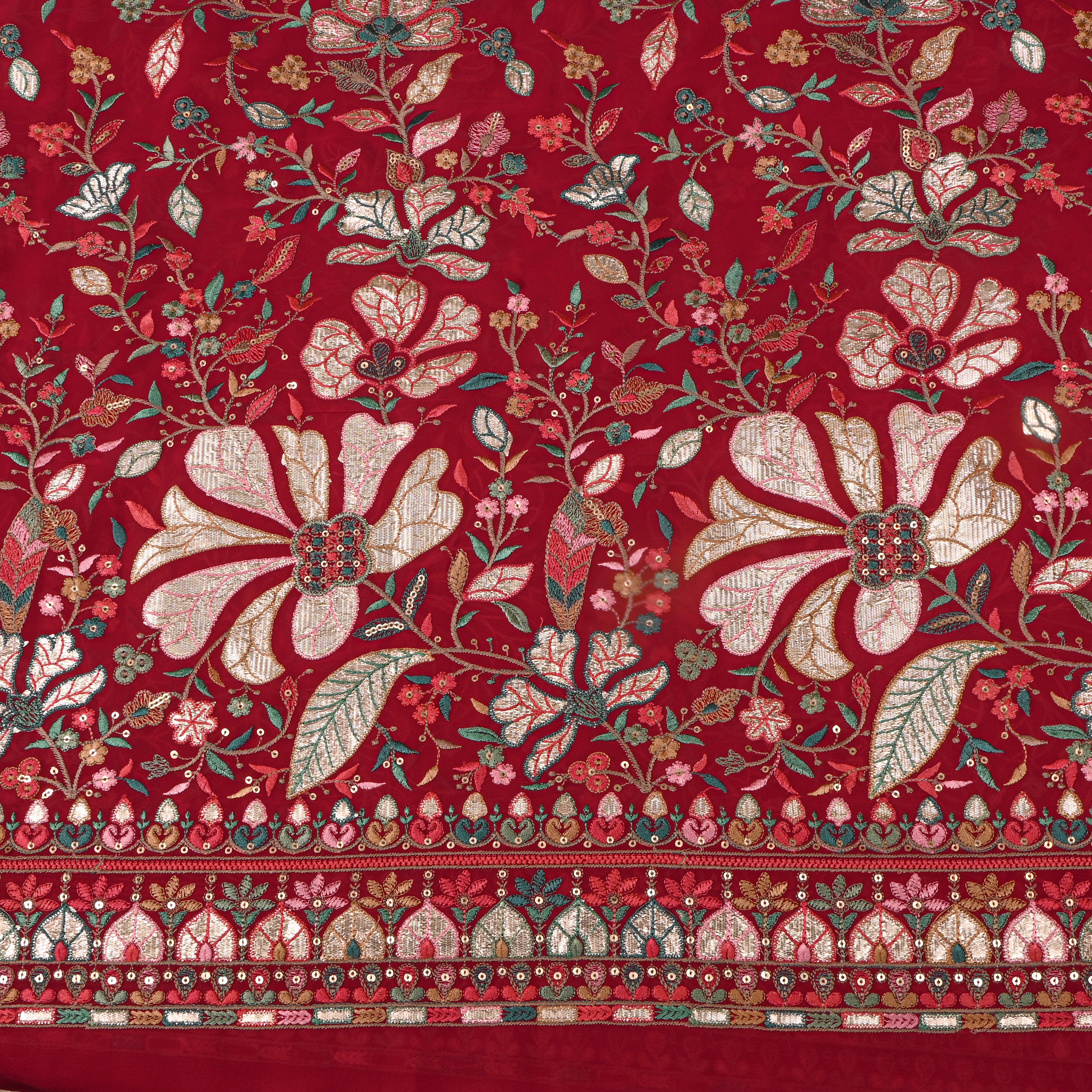 Red Multicolour Resham Floral Embroidered Georgette