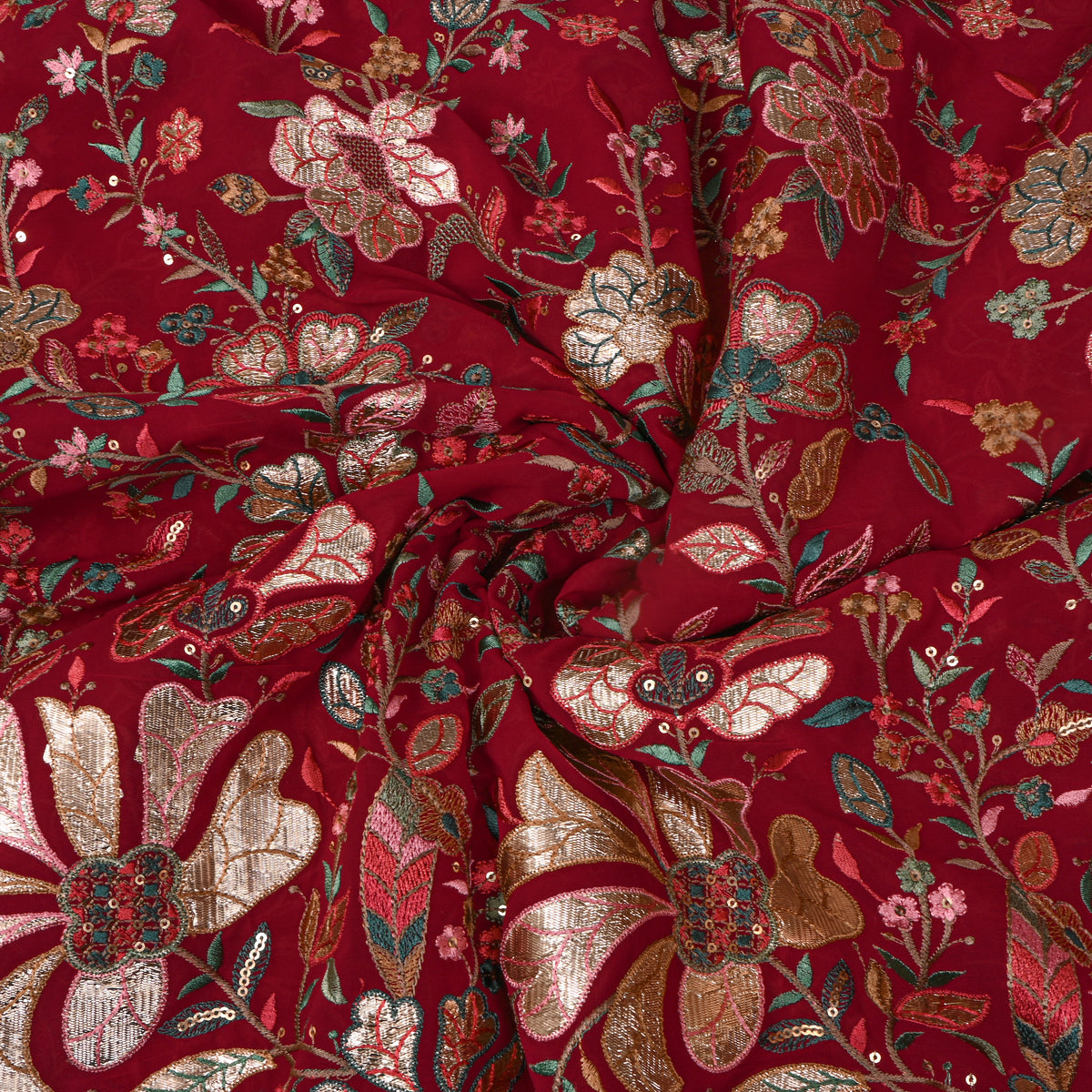 Red Multicolour Resham Floral Embroidered Georgette