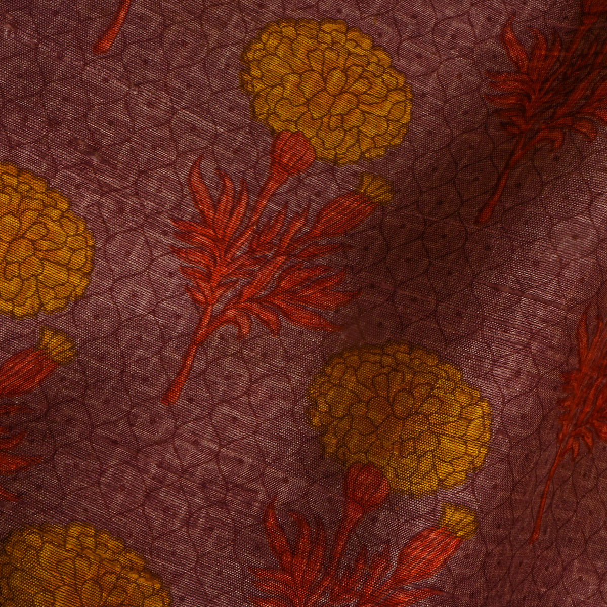 Wine Multi Flora Geometric Print Tussar Silk Fabric